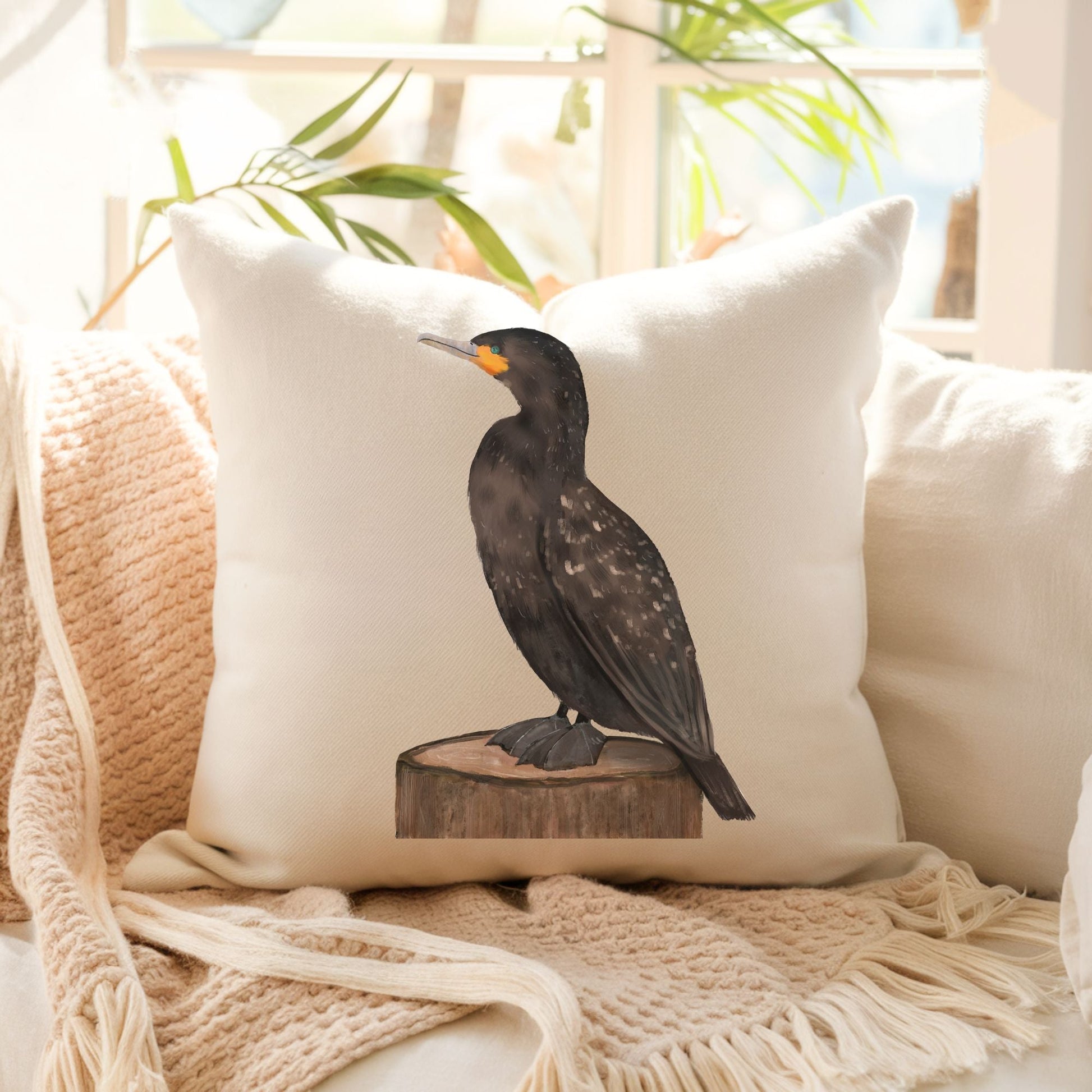 Double - Crested Cormorant Bird Pillow - MerikaArt