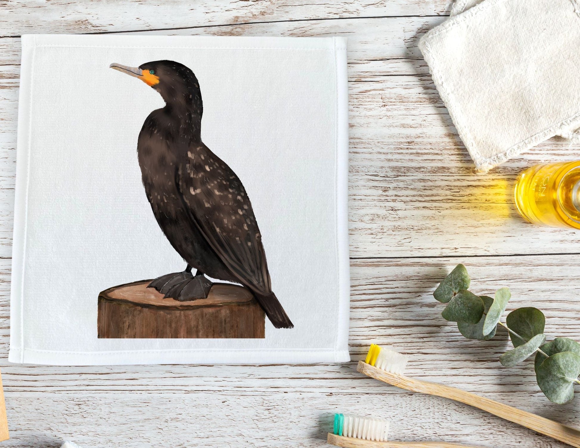 Double - Crested Cormorant Bird Washcloth - MerikaArt