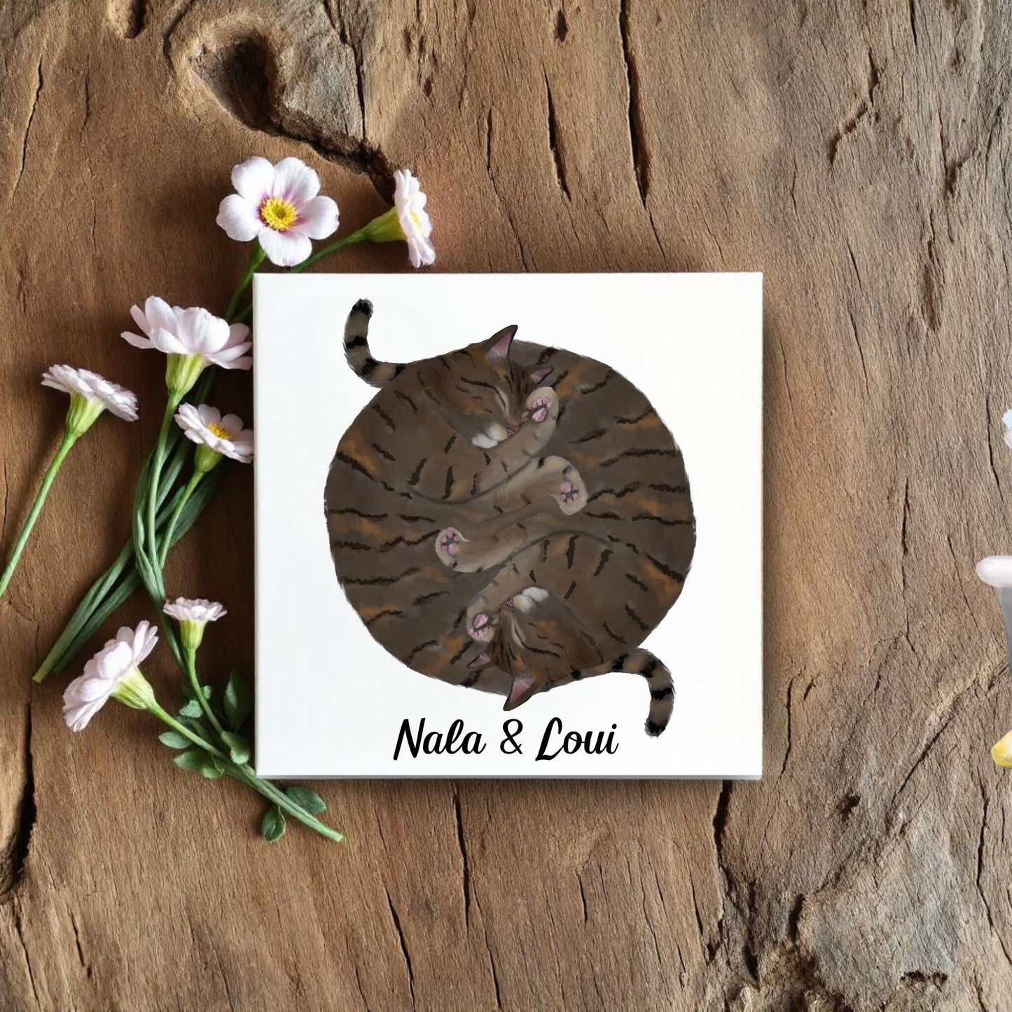 Double Tabby Cats Yin and Yang Ceramic Tile - MerikaArt