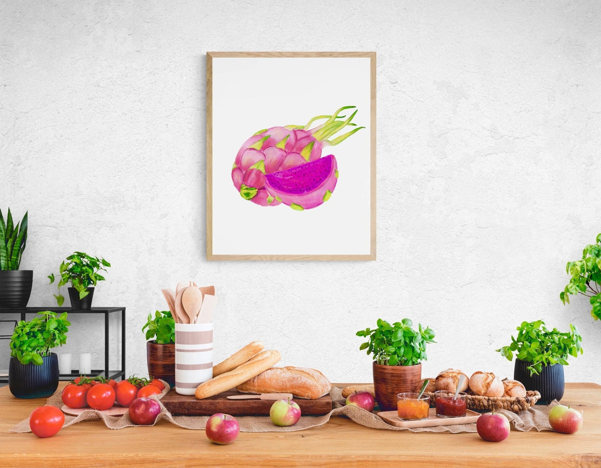 Dragon Fruit Art Print, Dragon Fruit Art, Kitchen Wall Hanging, Dining Room Decor, Exotic Fruit Illustration, Farmhouse Wall Decor - MerikaArt