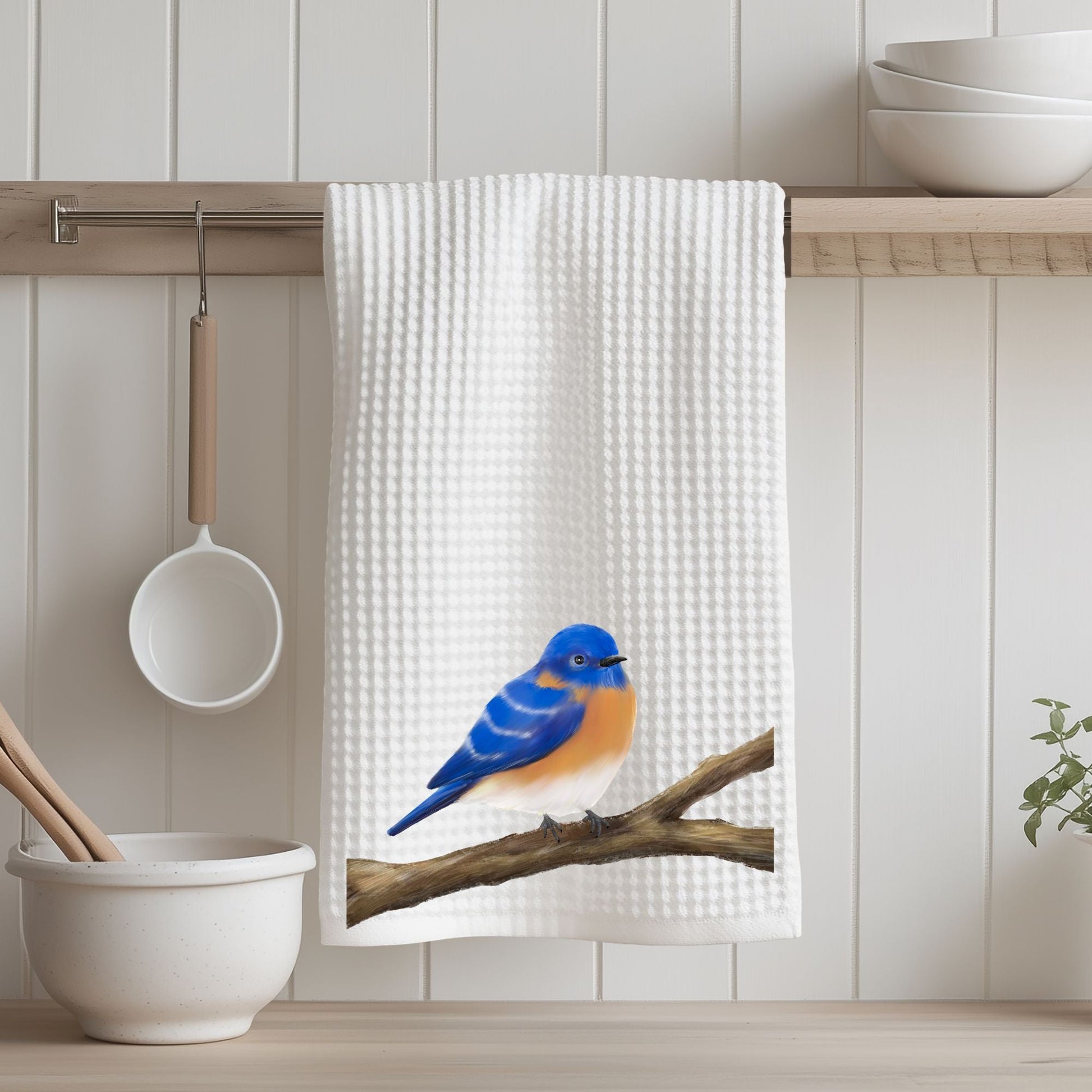 Eastern Bluebird Waffle Weave Kitchen Towel - MerikaArt
