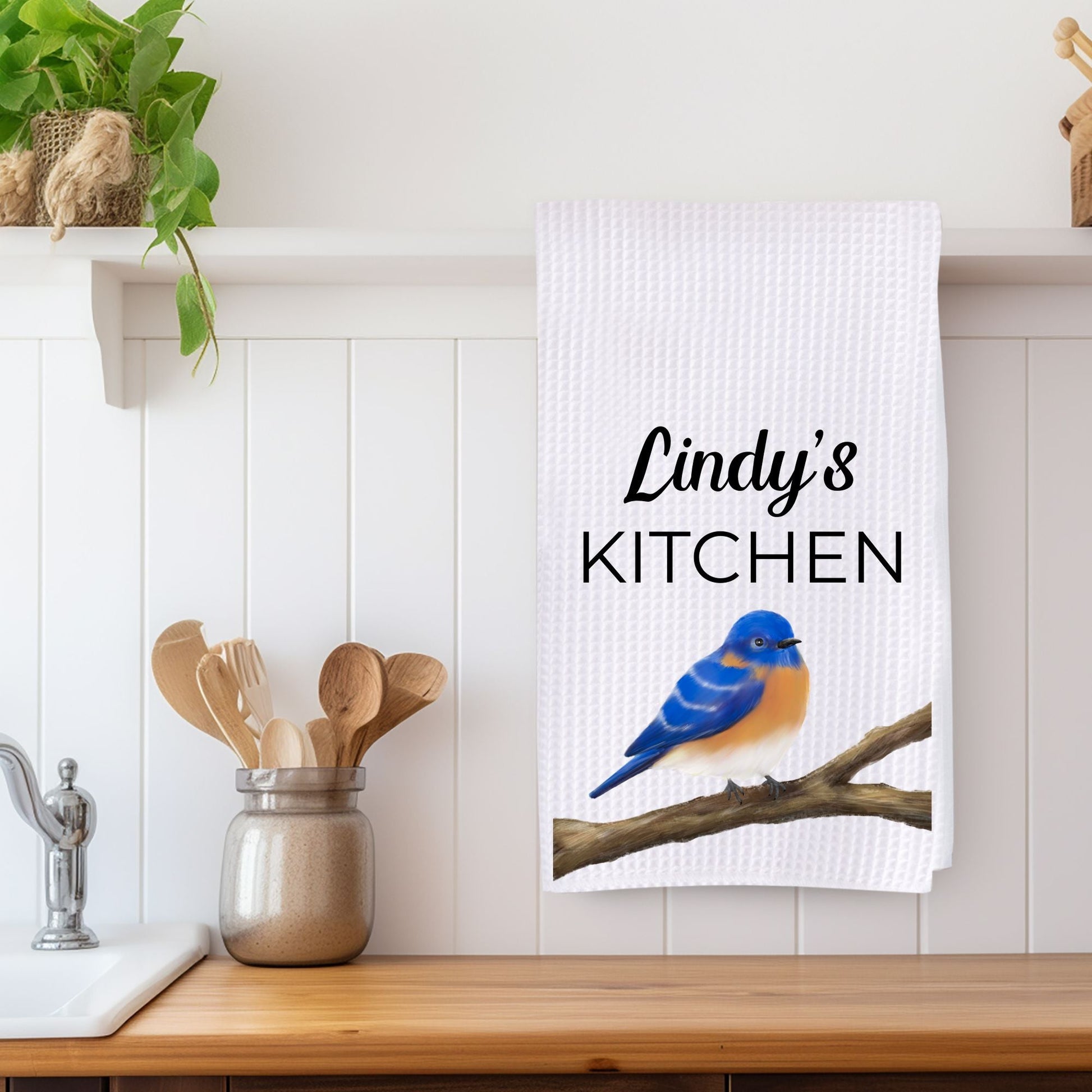 Eastern Bluebird Waffle Weave Kitchen Towel - MerikaArt