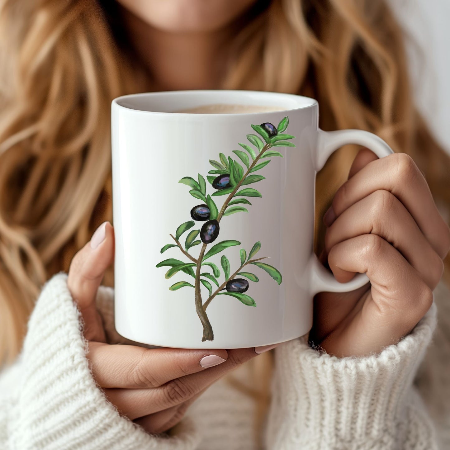 Elegant Olive Branch Mug with Botanical Art - MerikaArt