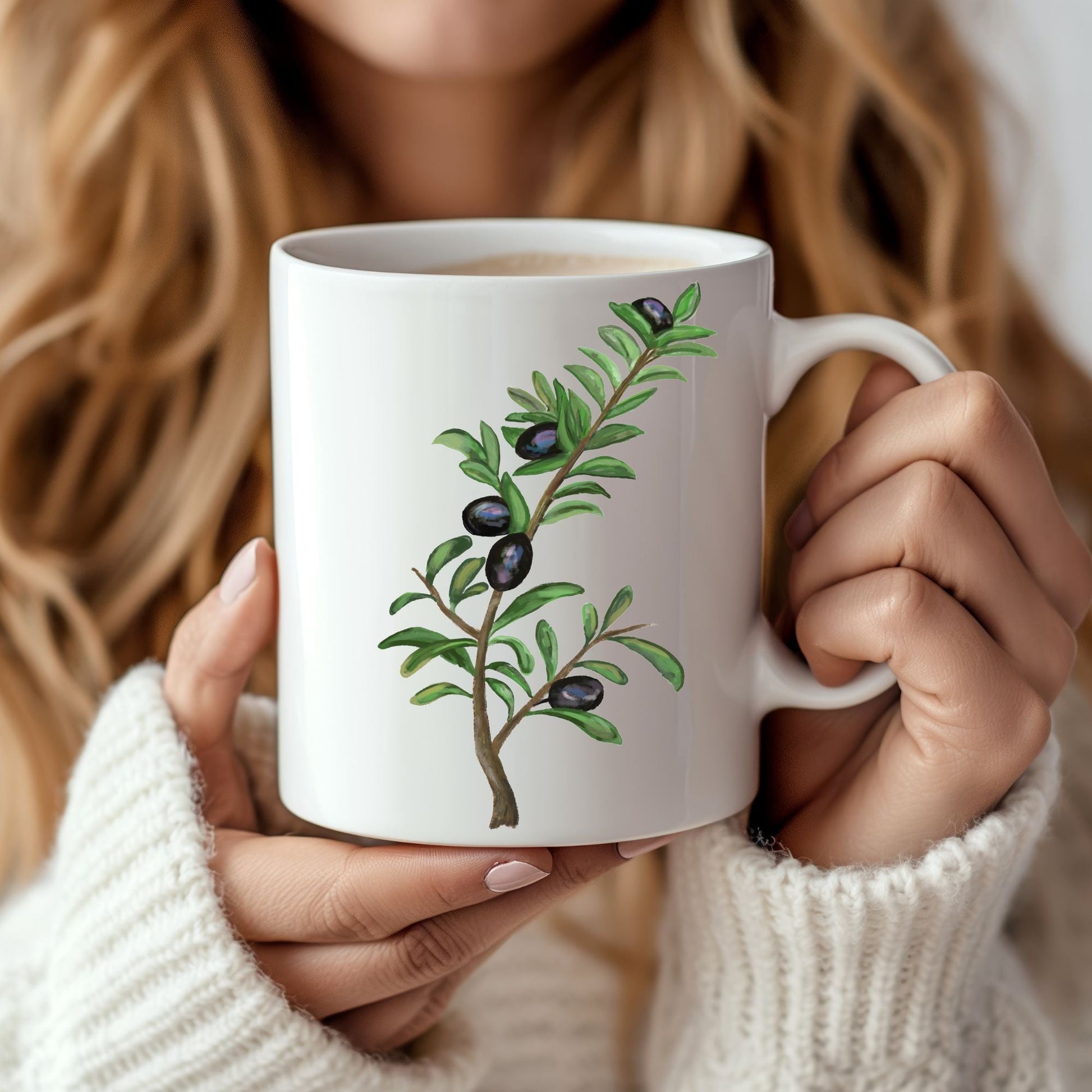 Elegant Olive Branch Mug with Botanical Art - MerikaArt