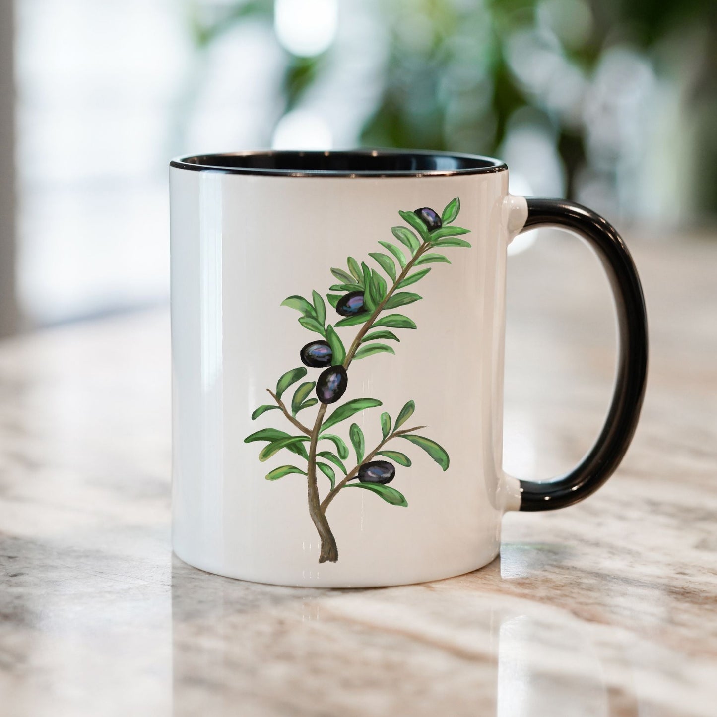 Elegant Olive Branch Mug with Botanical Art - MerikaArt