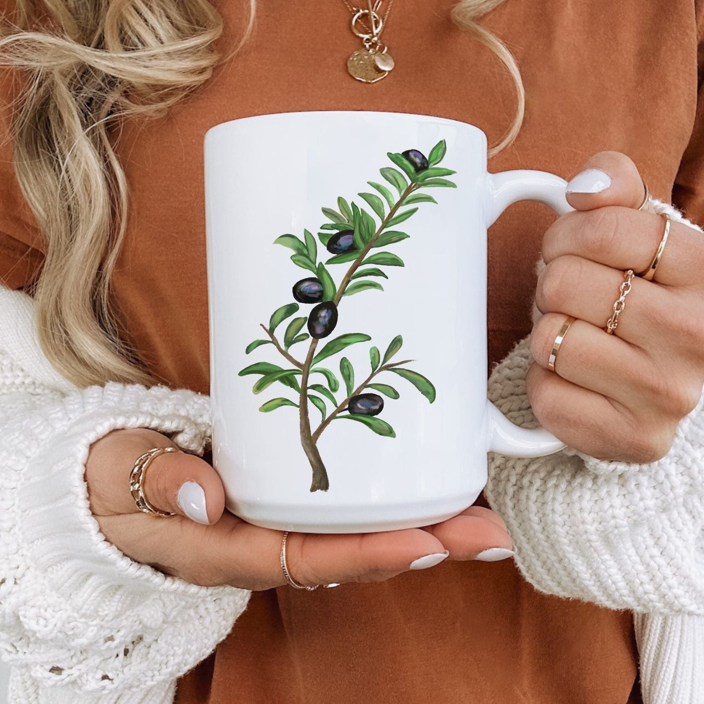 Elegant Olive Branch Mug with Botanical Art - MerikaArt