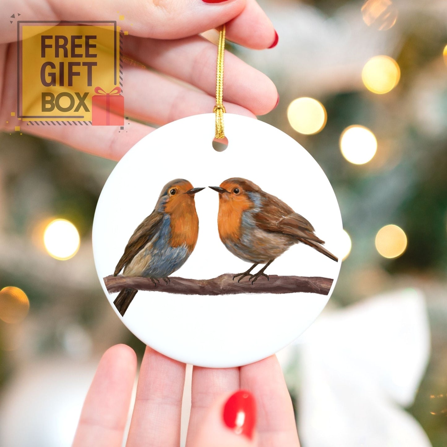 European Robin Pair Ceramic Ornament - MerikaArt