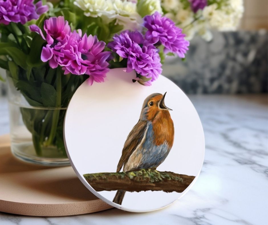 European Robin Singing on Branch Ceramic Coaster - MerikaArt