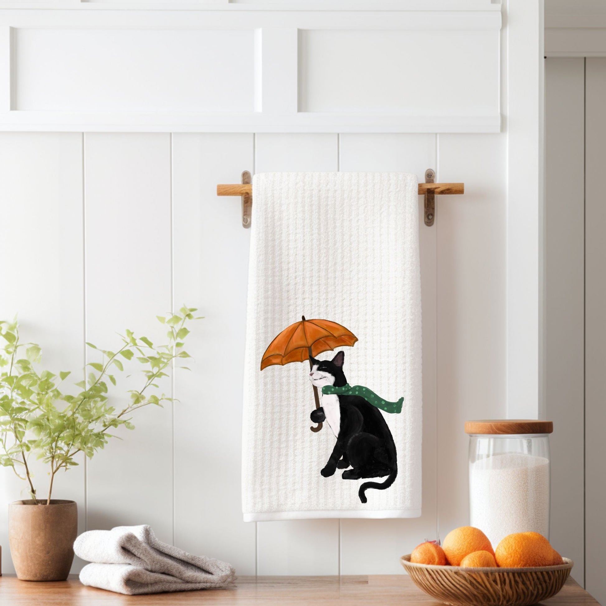 Fall Cat with Umbrella Waffle Weave Kitchen Towel - MerikaArt