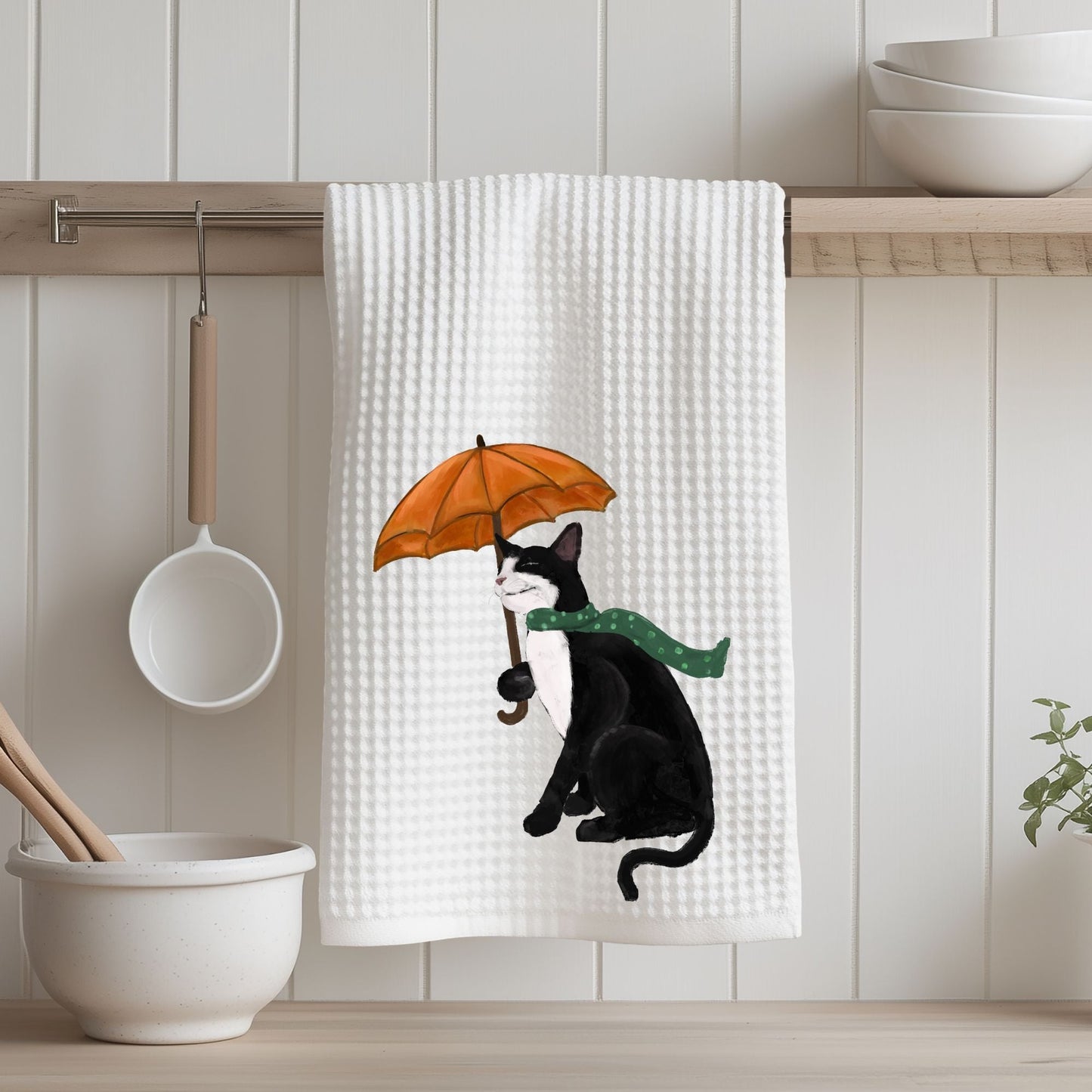 Fall Cat with Umbrella Waffle Weave Kitchen Towel - MerikaArt