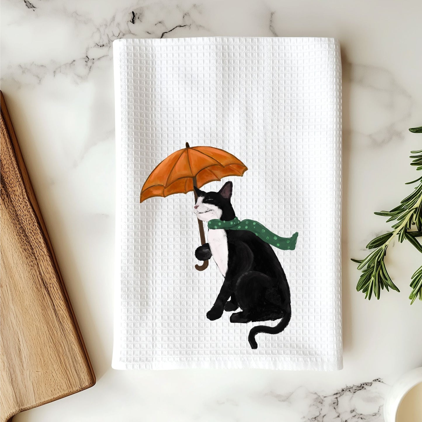 Fall Cat with Umbrella Waffle Weave Kitchen Towel - MerikaArt