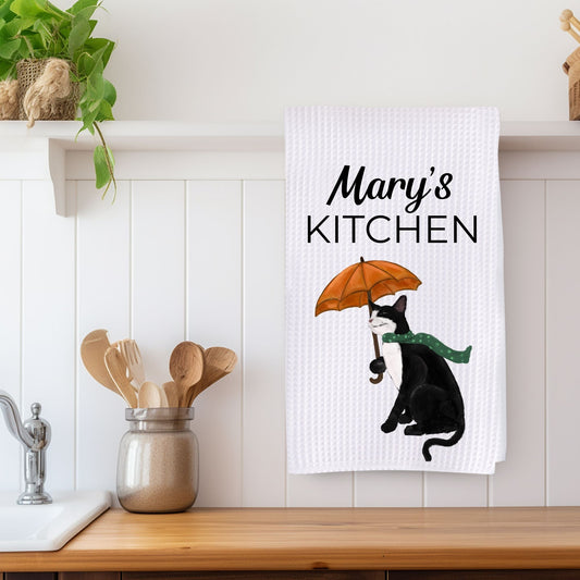 Fall Cat with Umbrella Waffle Weave Kitchen Towel - MerikaArt