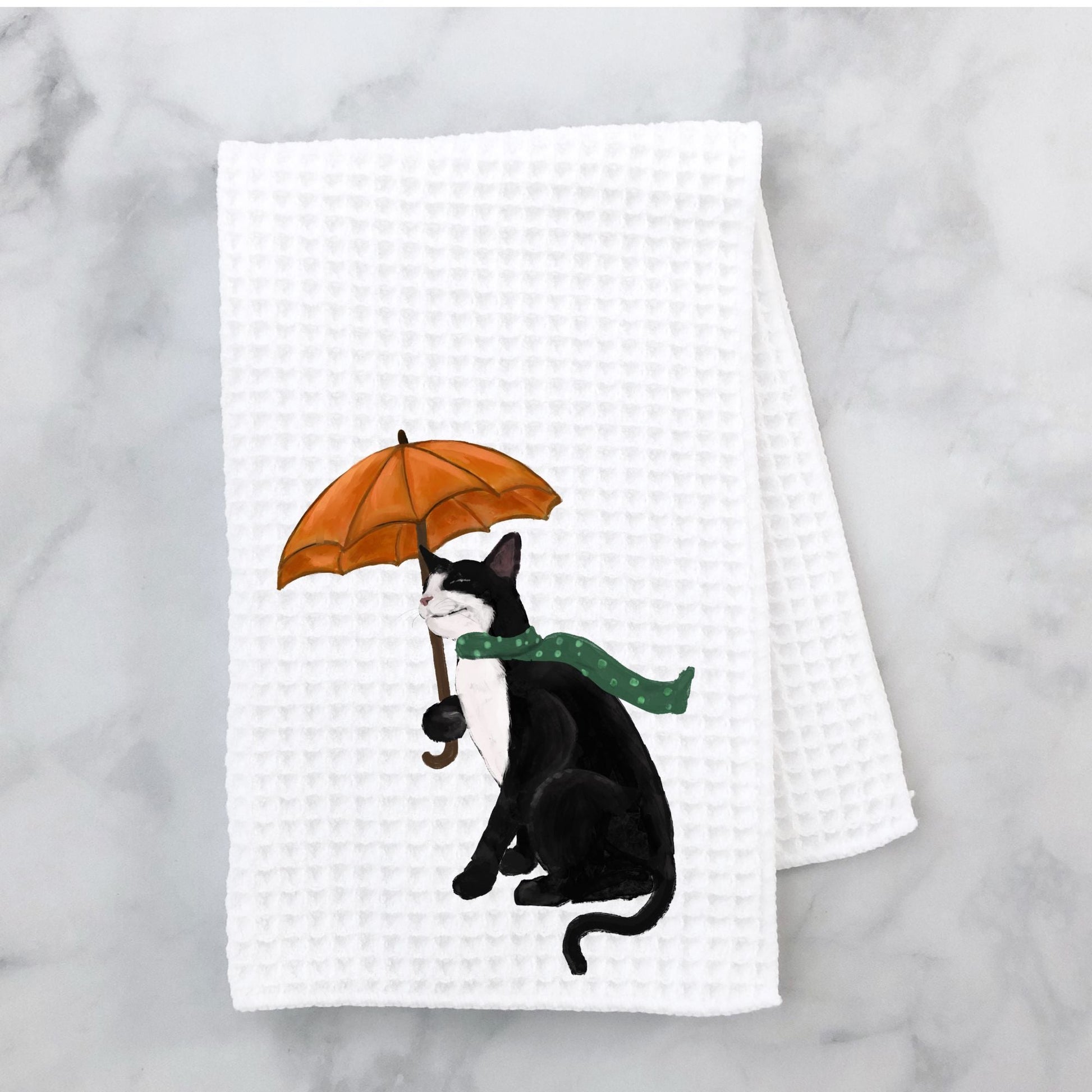 Fall Cat with Umbrella Waffle Weave Kitchen Towel - MerikaArt