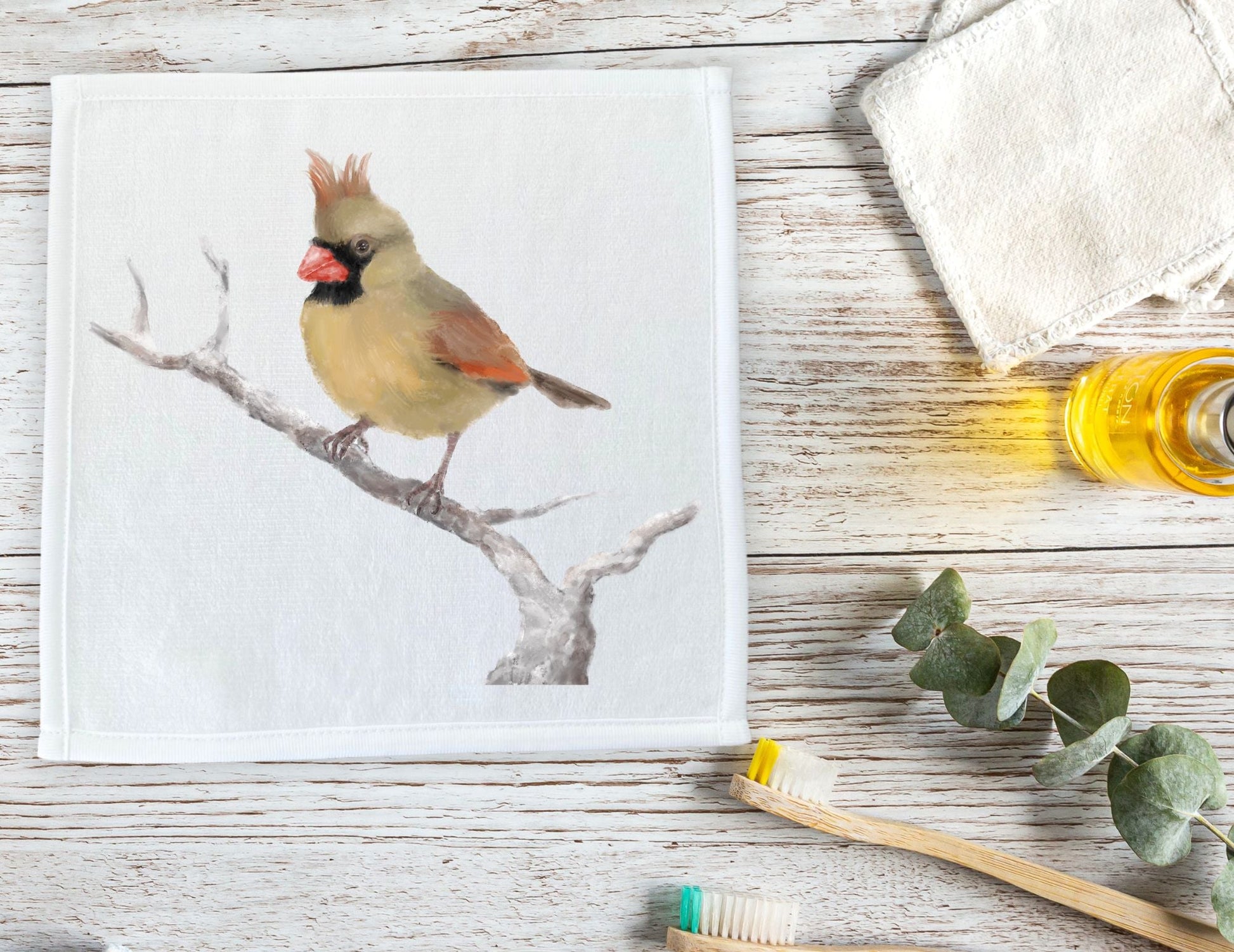 Female Cardinal on Branch Washcloth - MerikaArt