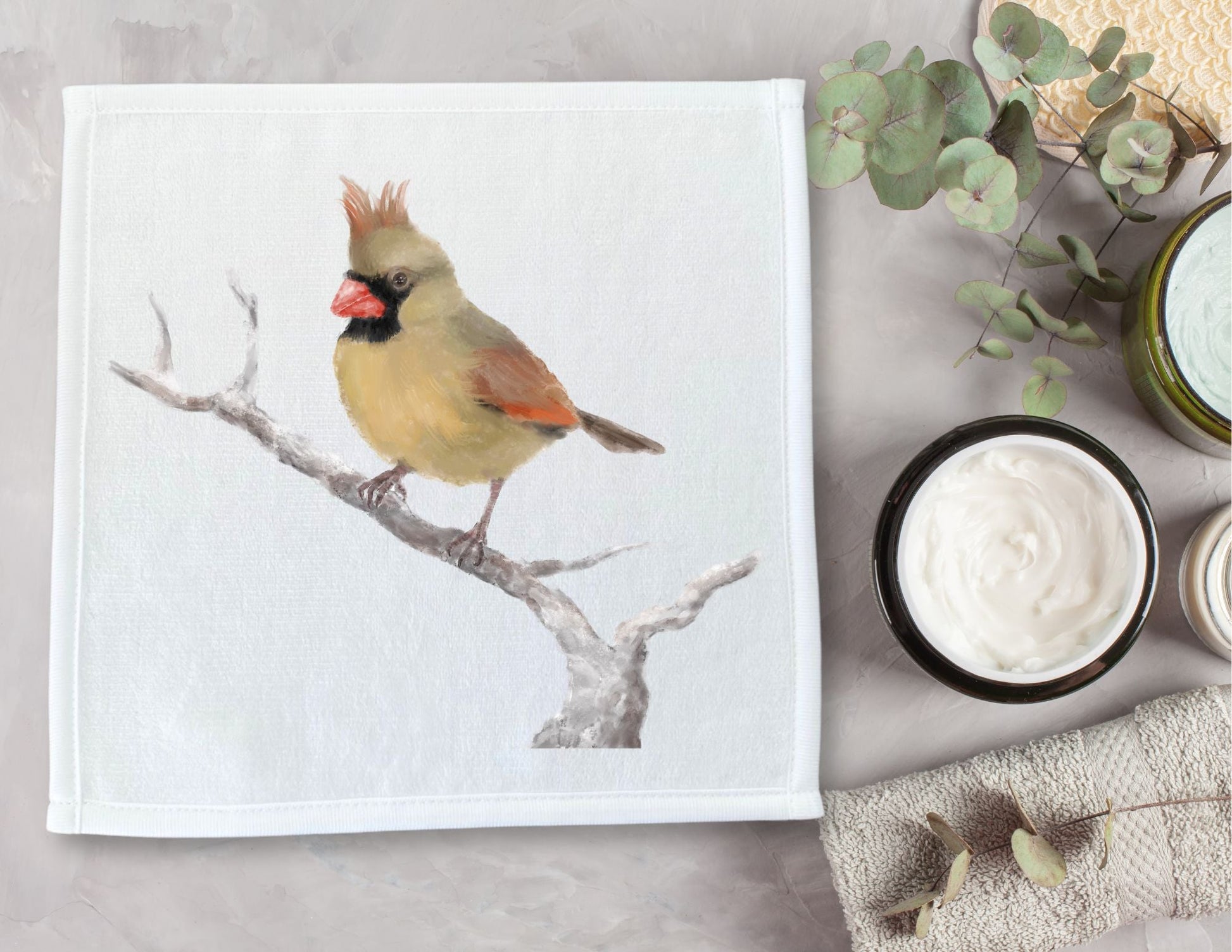 Female Cardinal on Branch Washcloth - MerikaArt