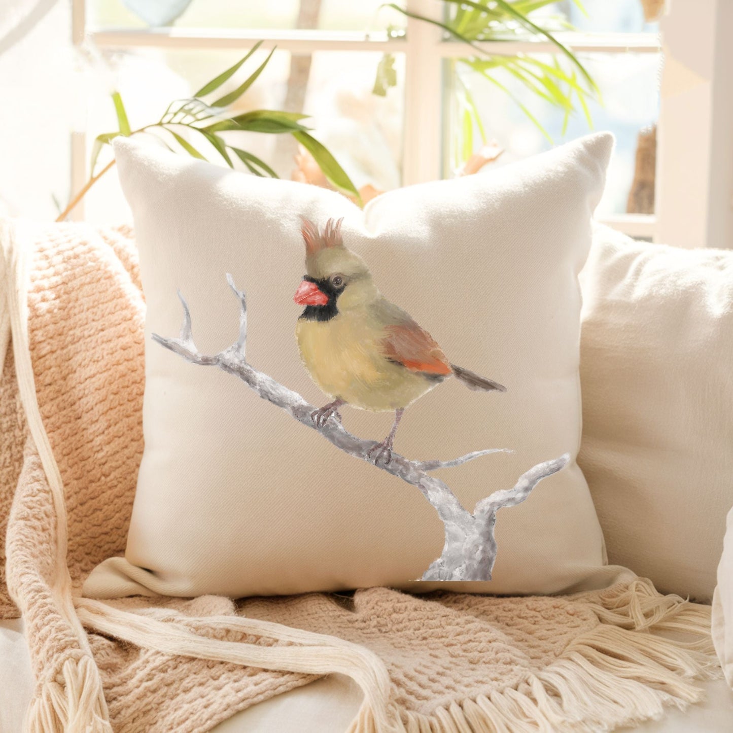 Female Northern Cardinal Bird Pillow - MerikaArt