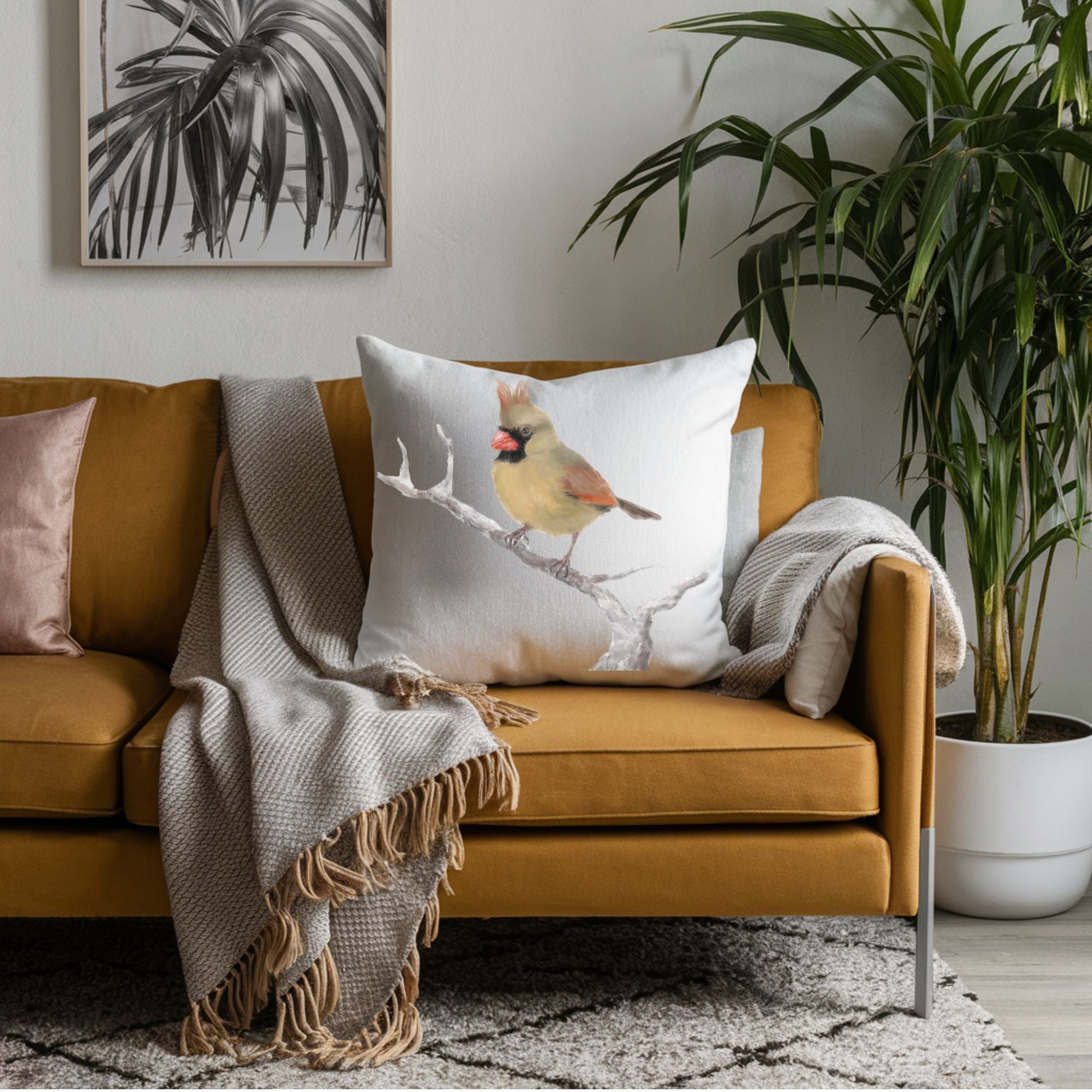 Female Northern Cardinal Bird Pillow - MerikaArt