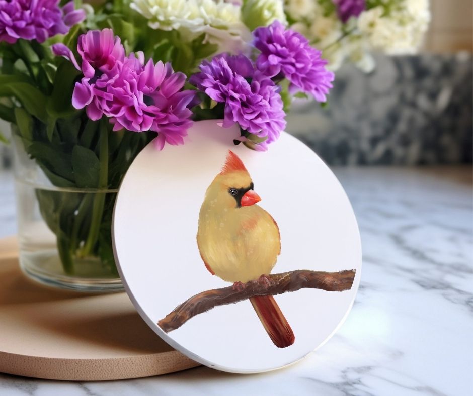Female Northern Cardinal Ceramic Coaster - MerikaArt