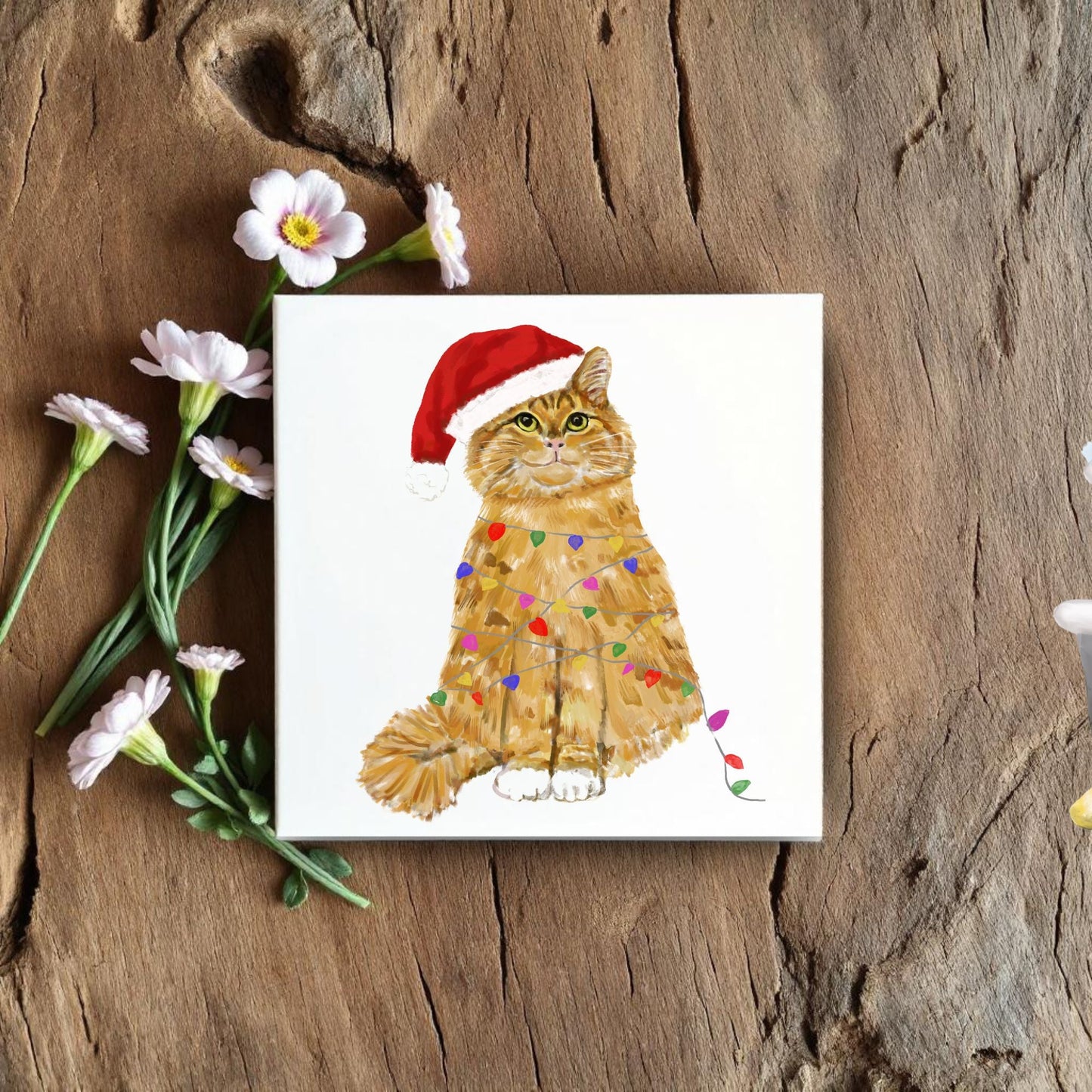 Festive Christmas Cat Ceramic Tile - MerikaArt