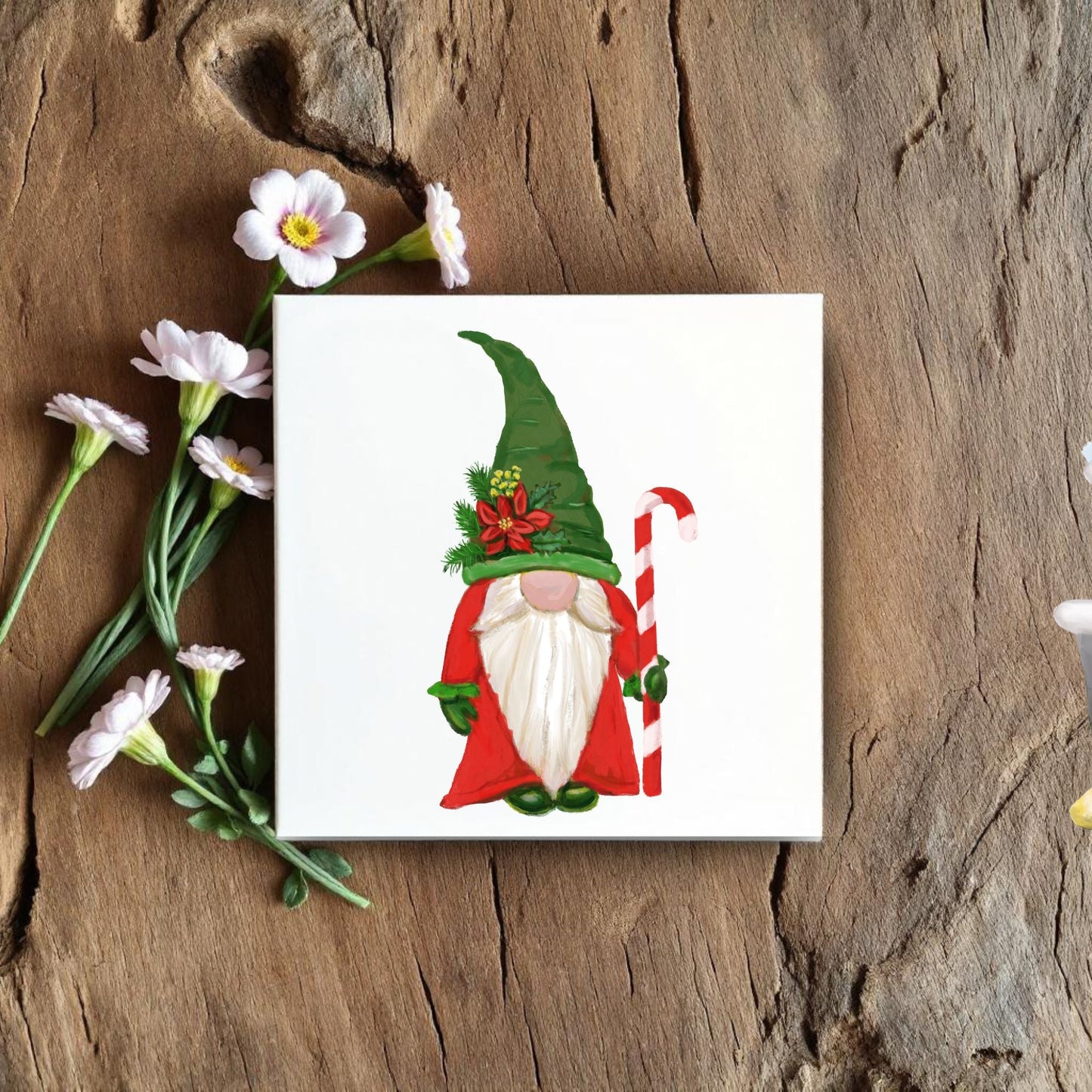 Festive Gnome with Candy Cane Ceramic Tile - MerikaArt