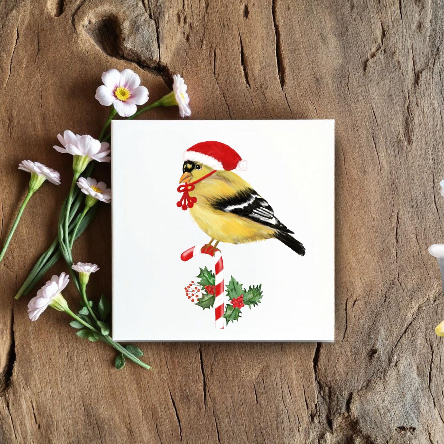Festive Goldfinch Ceramic Tile – Christmas Holiday Decor - MerikaArt