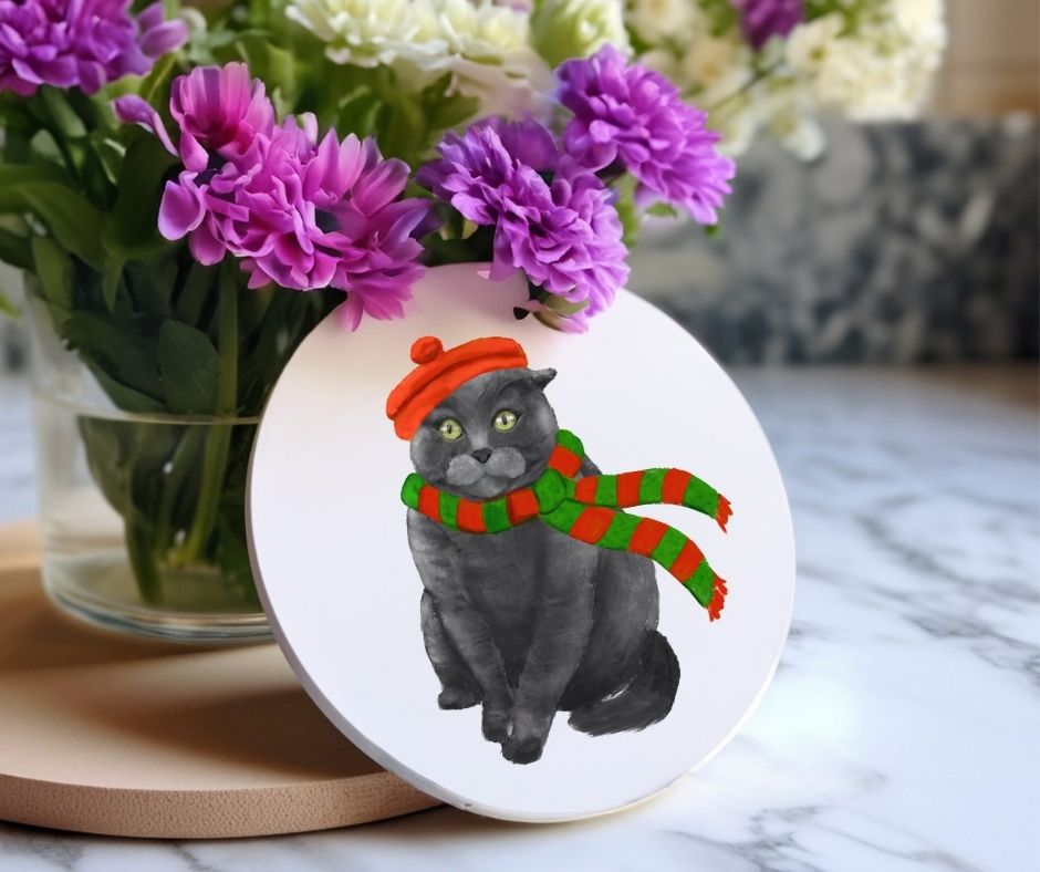 Festive Gray Cat with Red Beret and Scarf Ceramic Coaster - MerikaArt