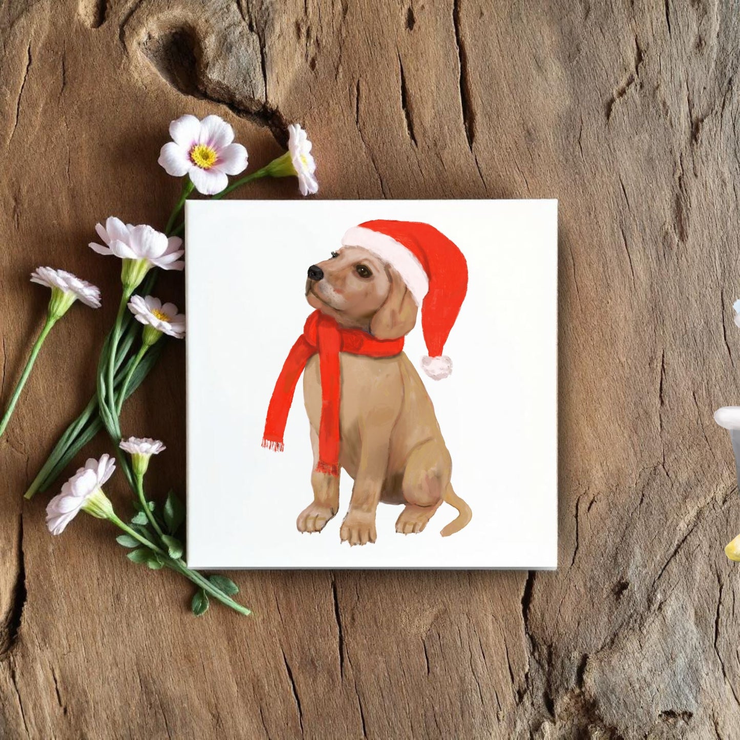 Festive Labrador Puppy with Santa Hat and Red Scarf - MerikaArt