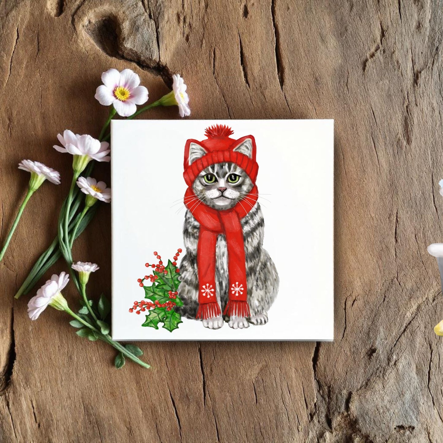 Festive Winter Cat Ceramic Tile - MerikaArt