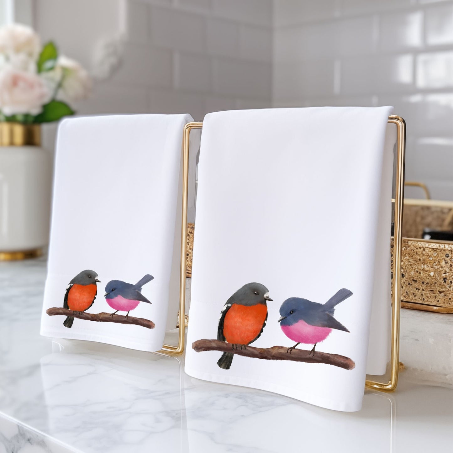 Flame Robin & Pink Robin Pair Towel - MerikaArt
