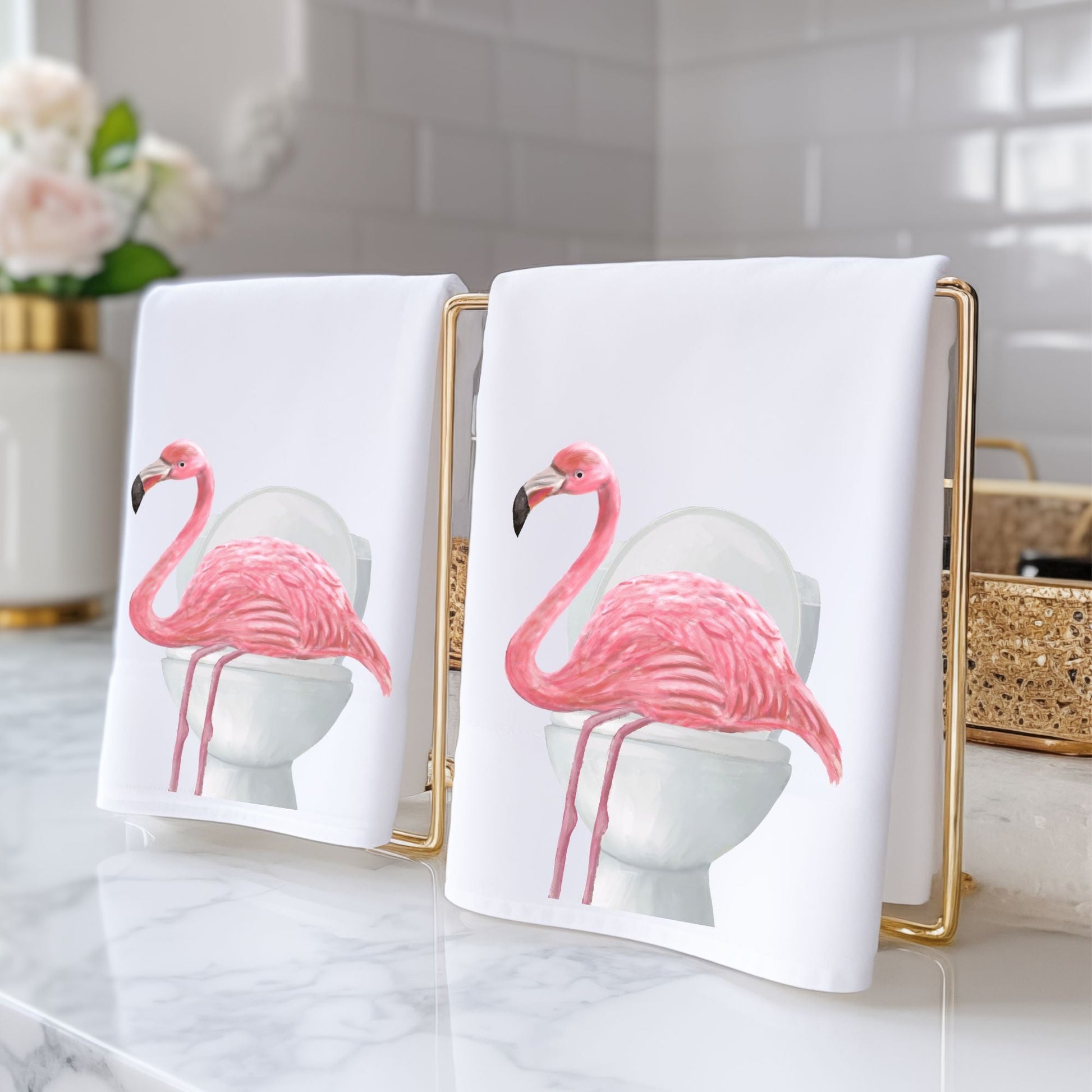 Flamingo on Toilet Bathroom Towel - MerikaArt