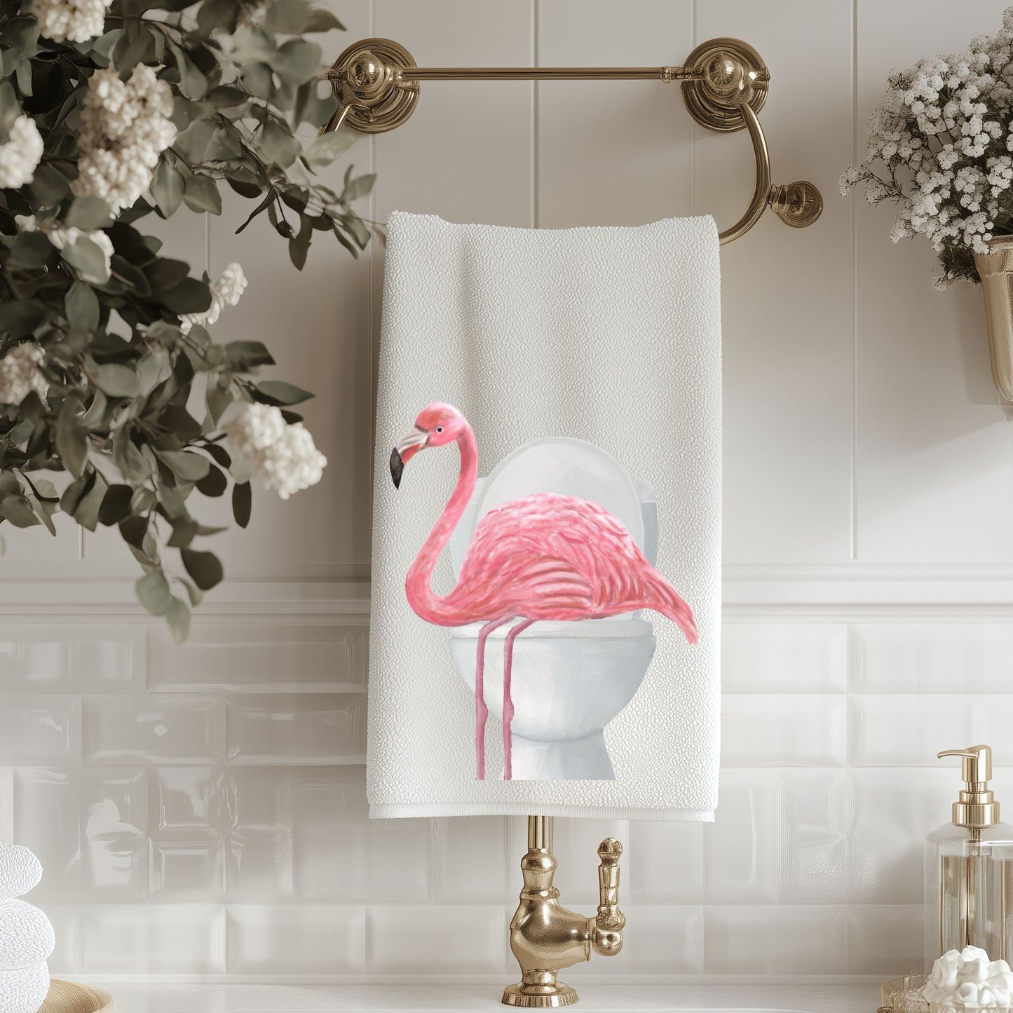 Flamingo on Toilet Bathroom Towel - MerikaArt