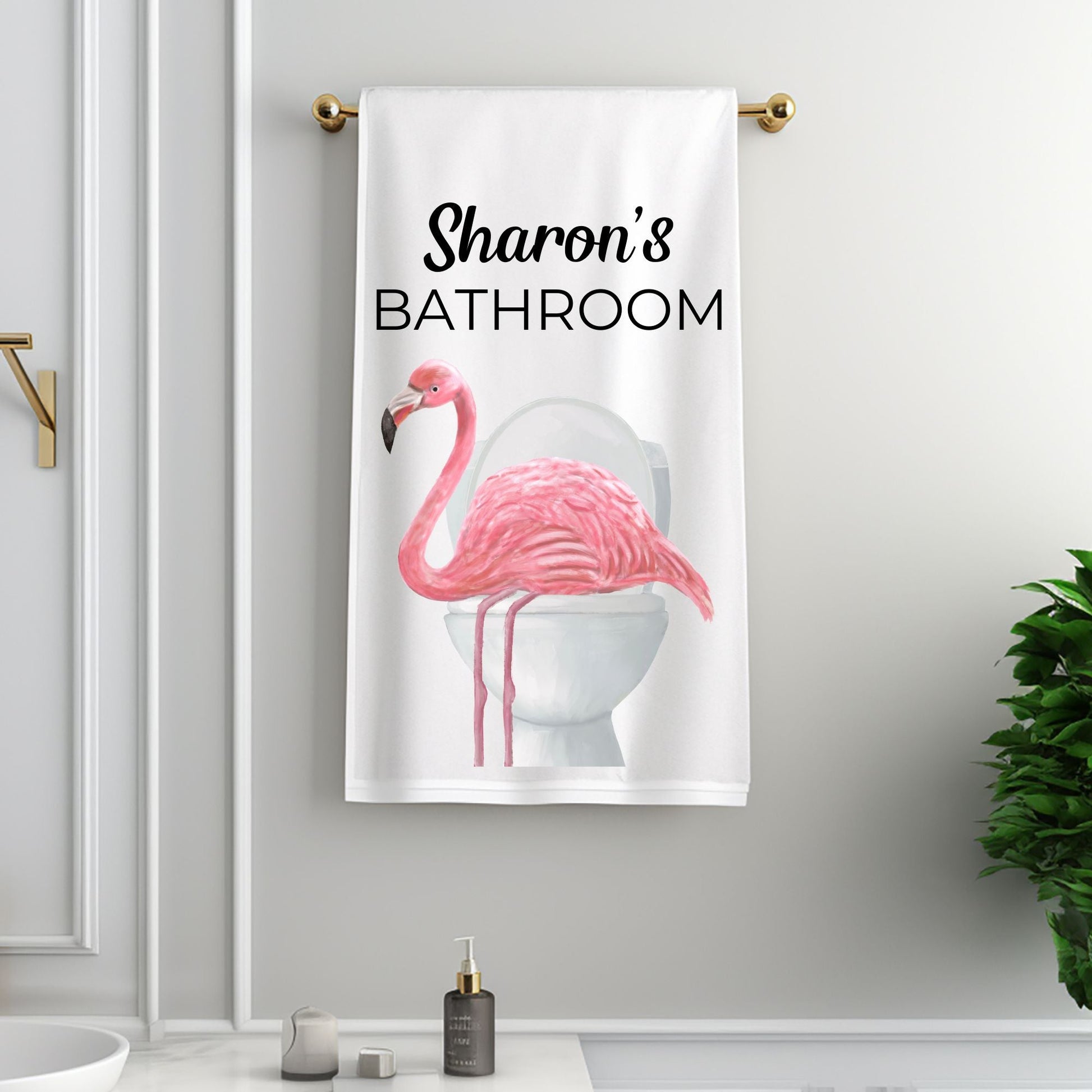 Flamingo on Toilet Bathroom Towel - MerikaArt