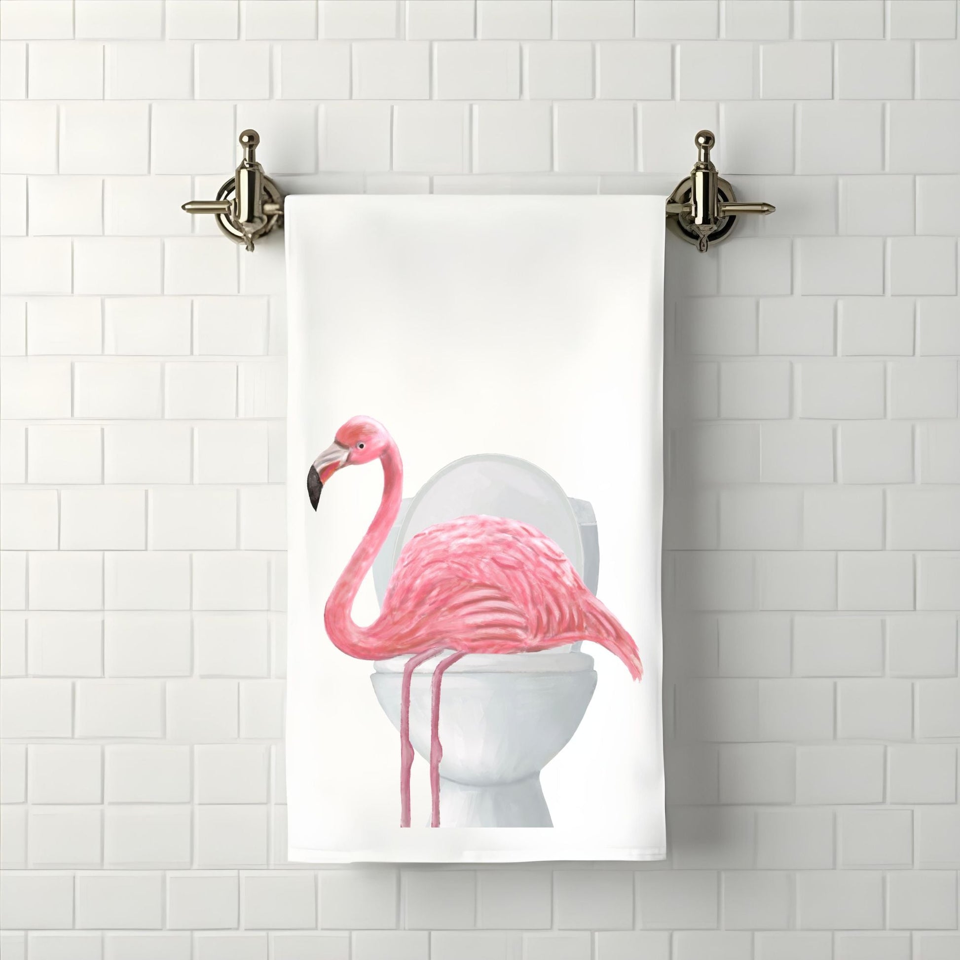 Flamingo on Toilet Bathroom Towel - MerikaArt