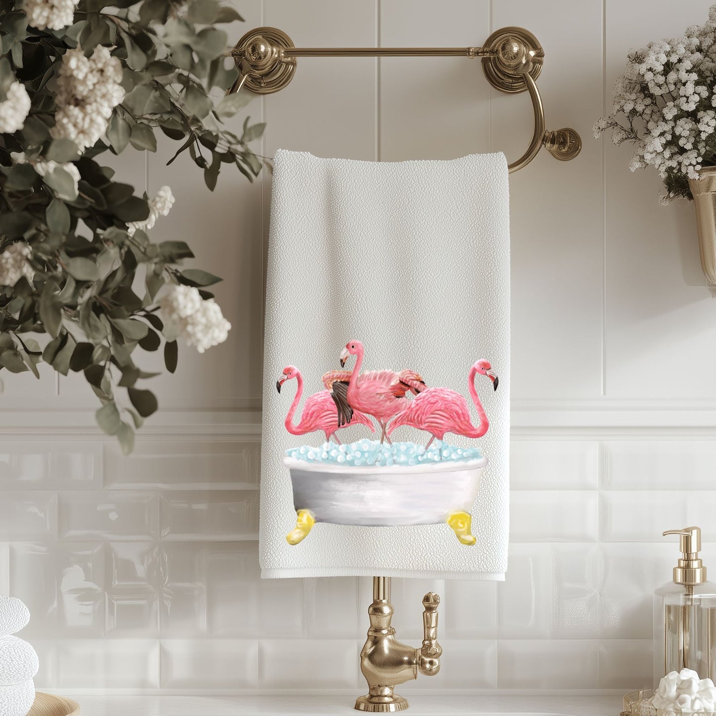 Flamingos in Bathtub Bathroom Towel - MerikaArt
