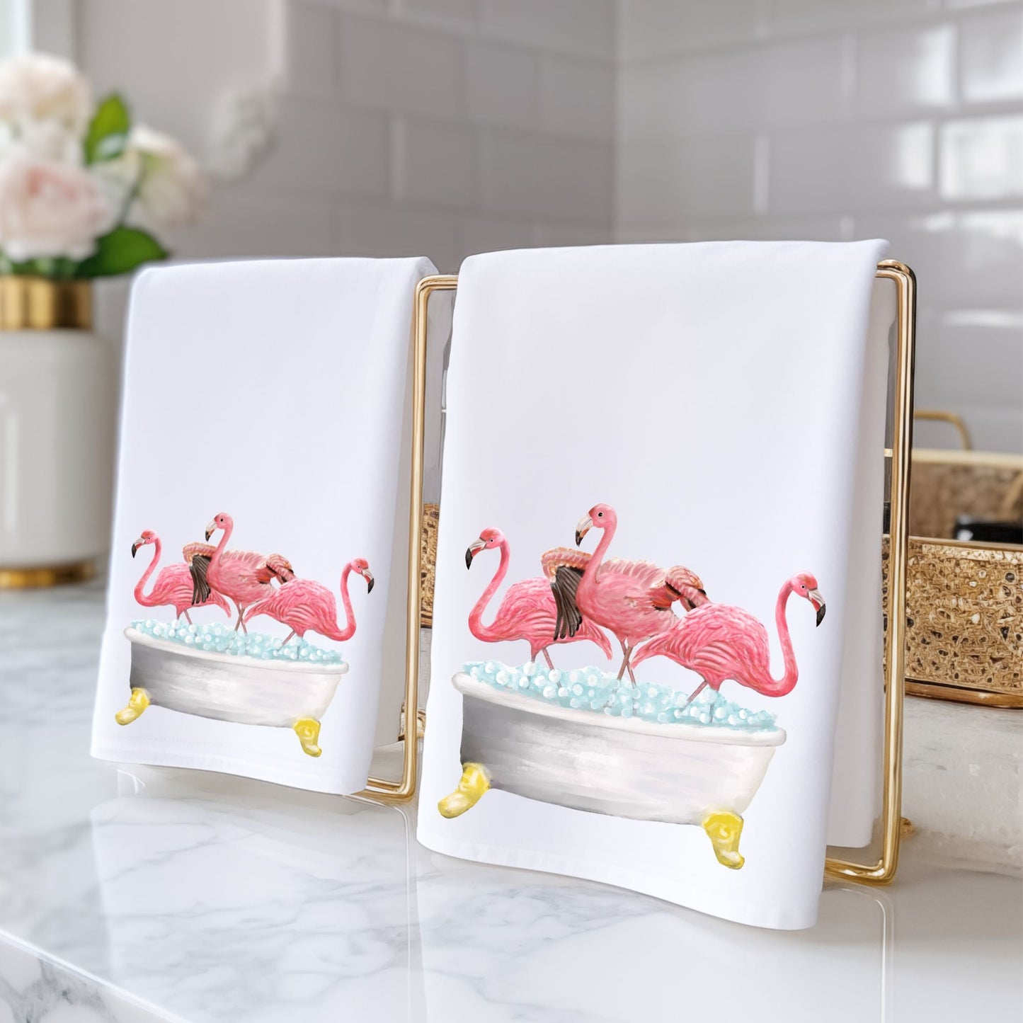 Flamingos in Bathtub Bathroom Towel - MerikaArt