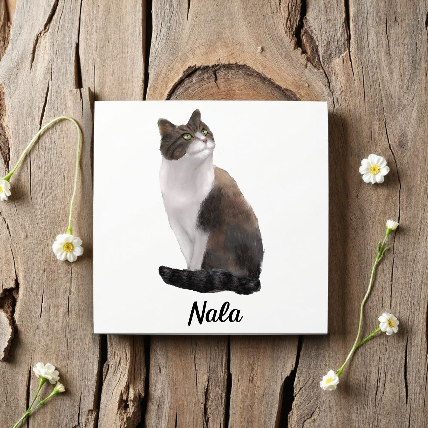 Fluffy Brown and White Cat Ceramic Tile - MerikaArt
