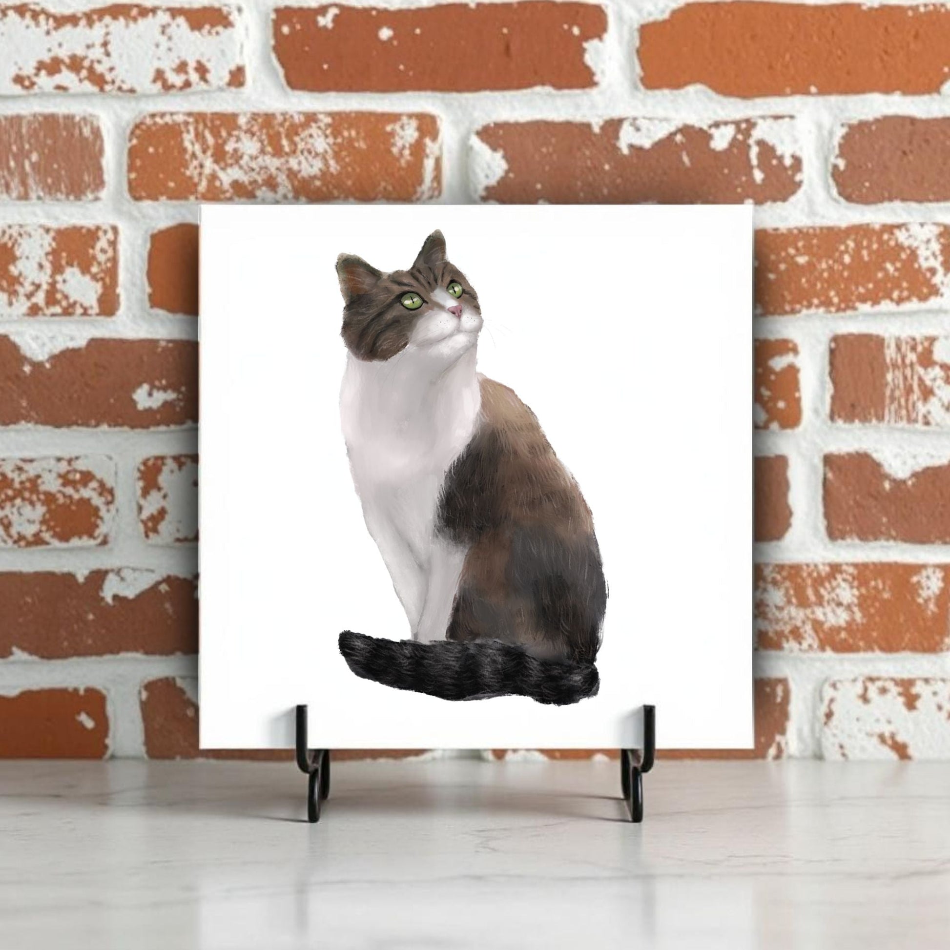 Fluffy Brown and White Cat Ceramic Tile - MerikaArt