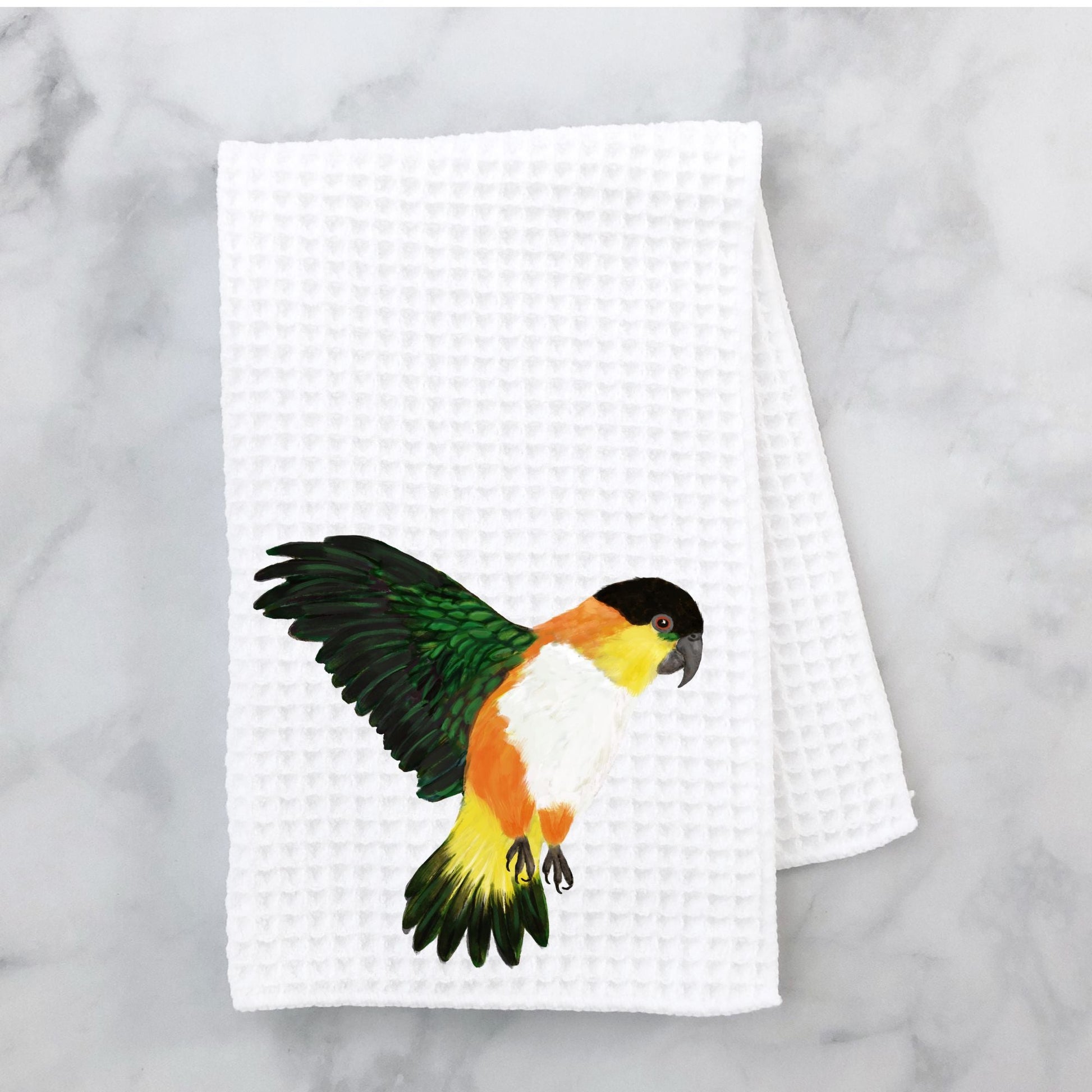 Flying Black - Headed Caique Kitchen Towel - MerikaArt