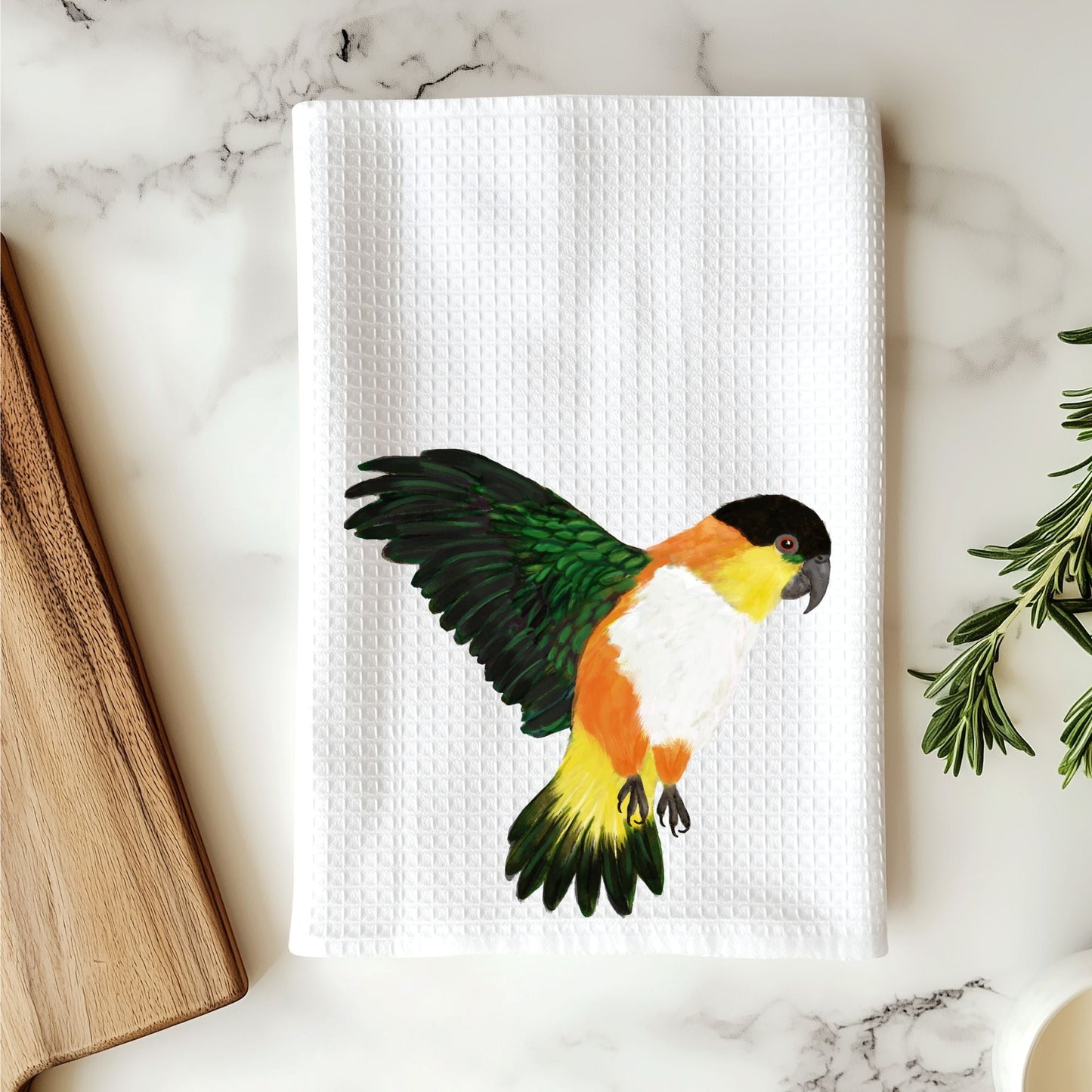 Flying Black - Headed Caique Kitchen Towel - MerikaArt