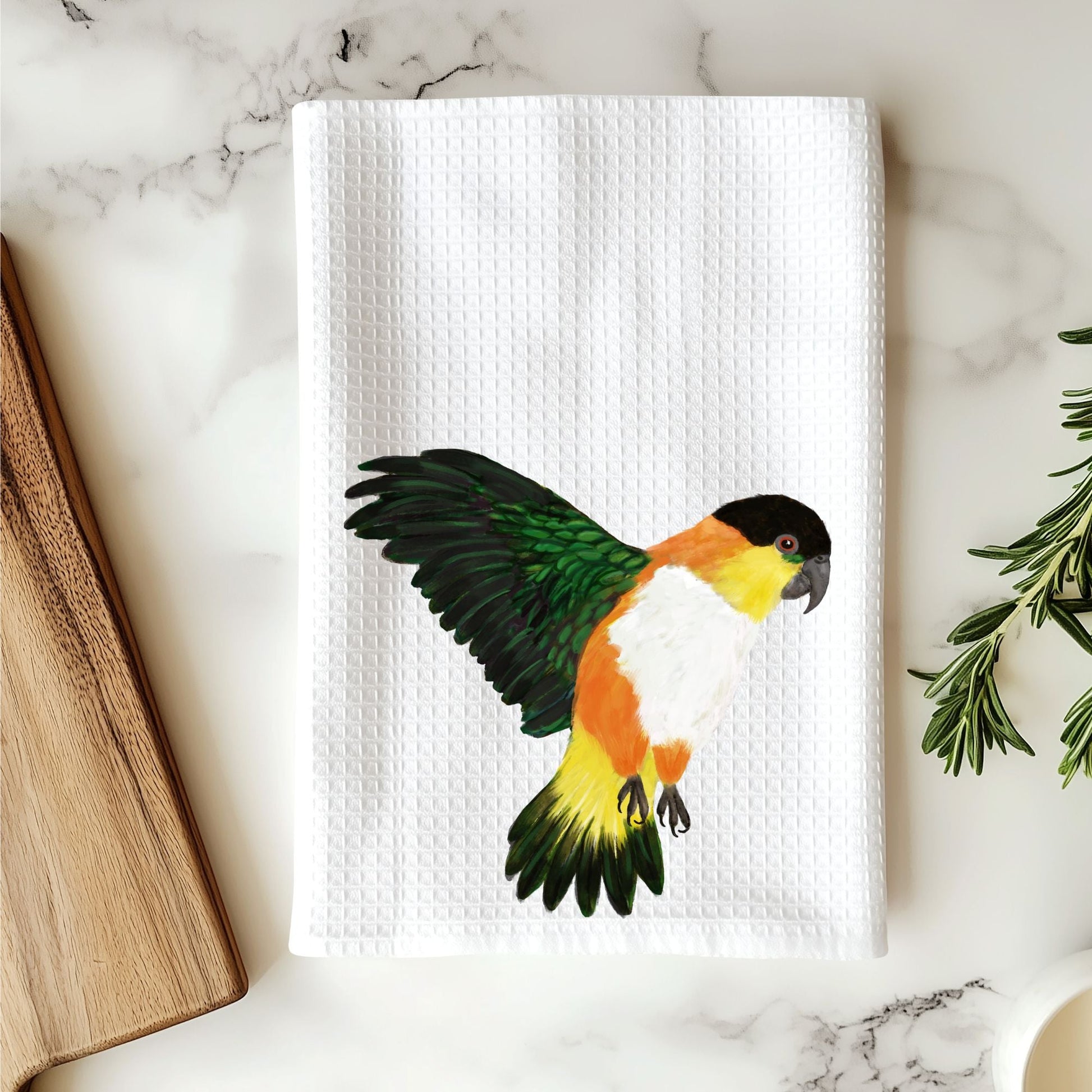 Flying Black - Headed Caique Kitchen Towel - MerikaArt