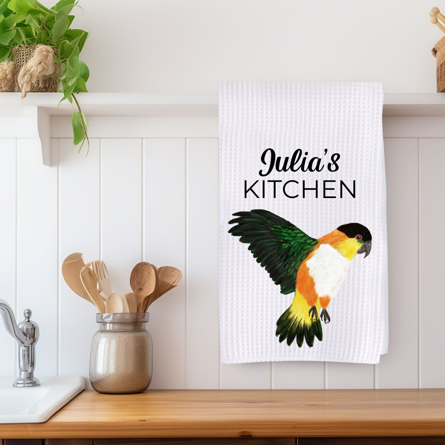 Flying Black - Headed Caique Kitchen Towel - MerikaArt