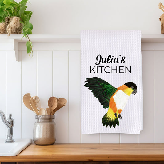 Flying Black - Headed Caique Kitchen Towel - MerikaArt