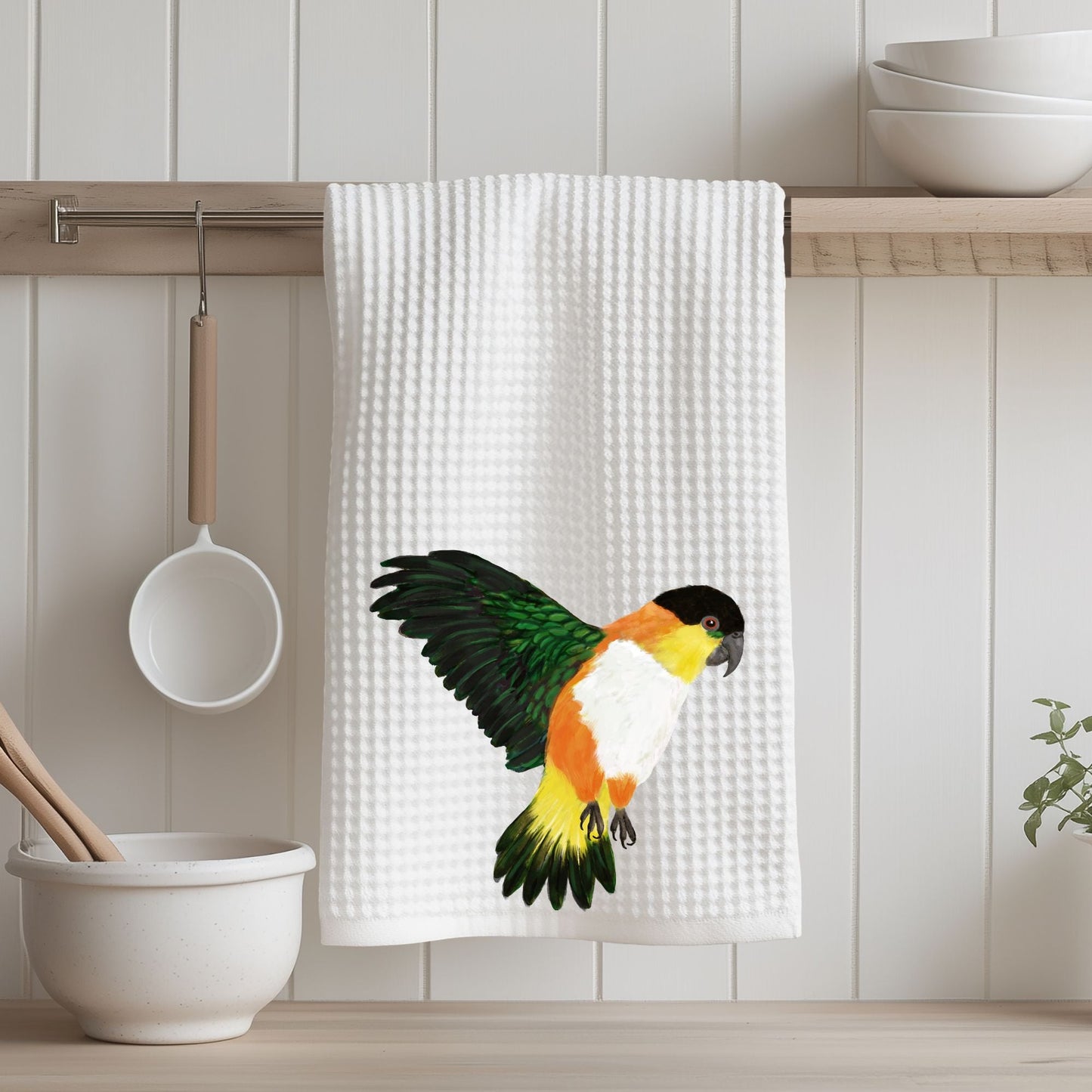 Flying Black - Headed Caique Kitchen Towel - MerikaArt