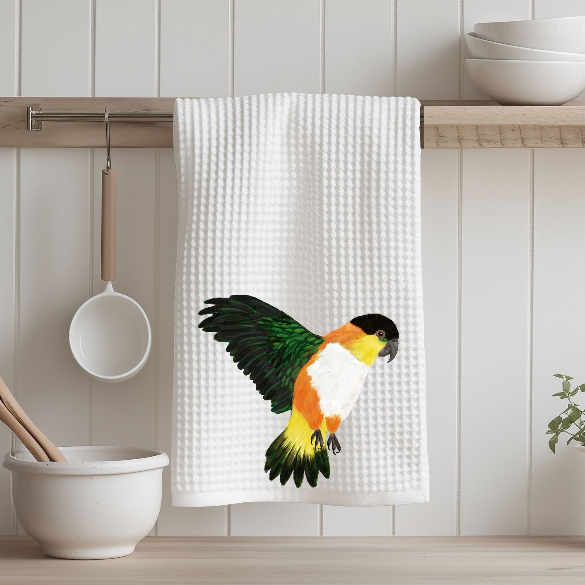 Flying Black - Headed Caique Kitchen Towel - MerikaArt