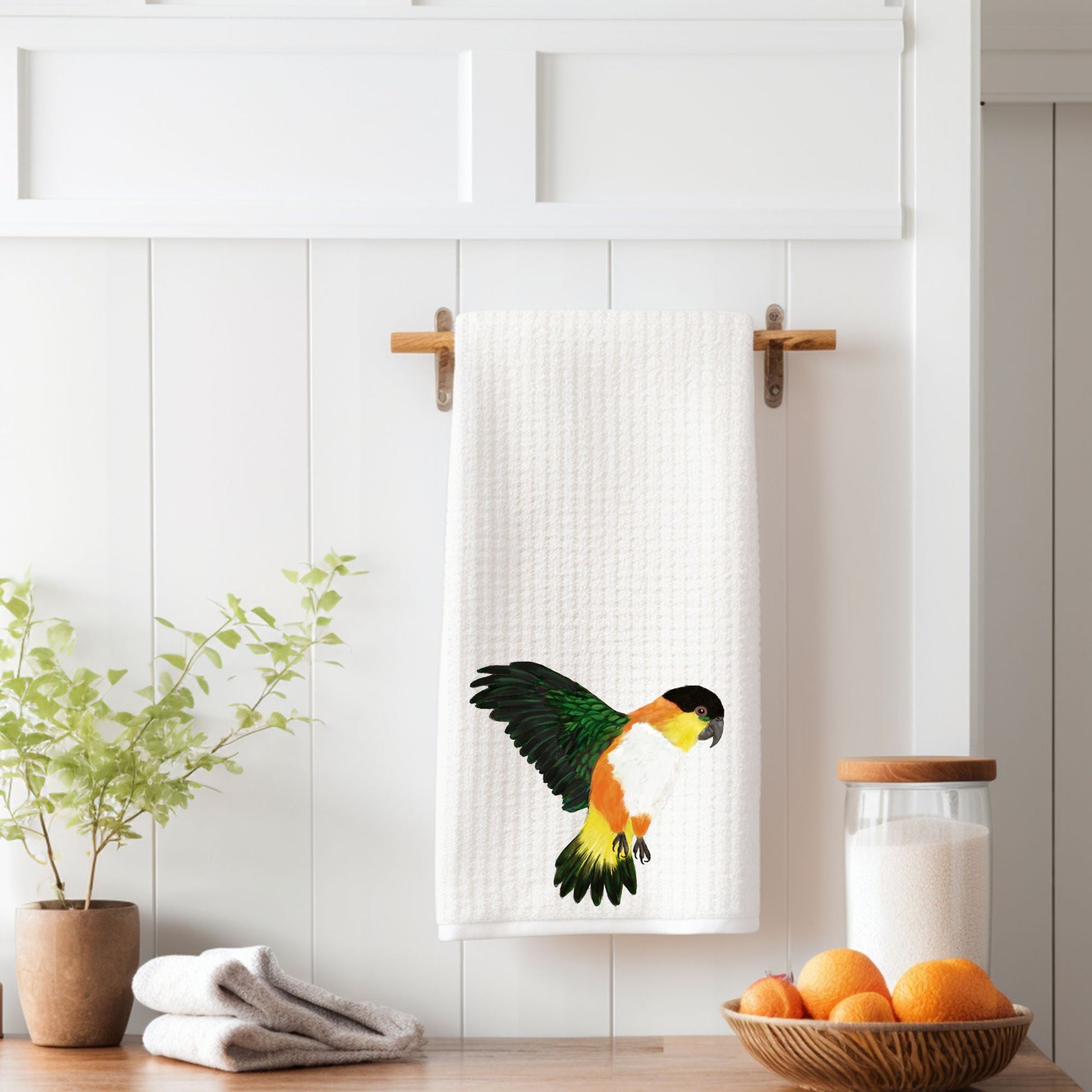 Flying Black - Headed Caique Kitchen Towel - MerikaArt