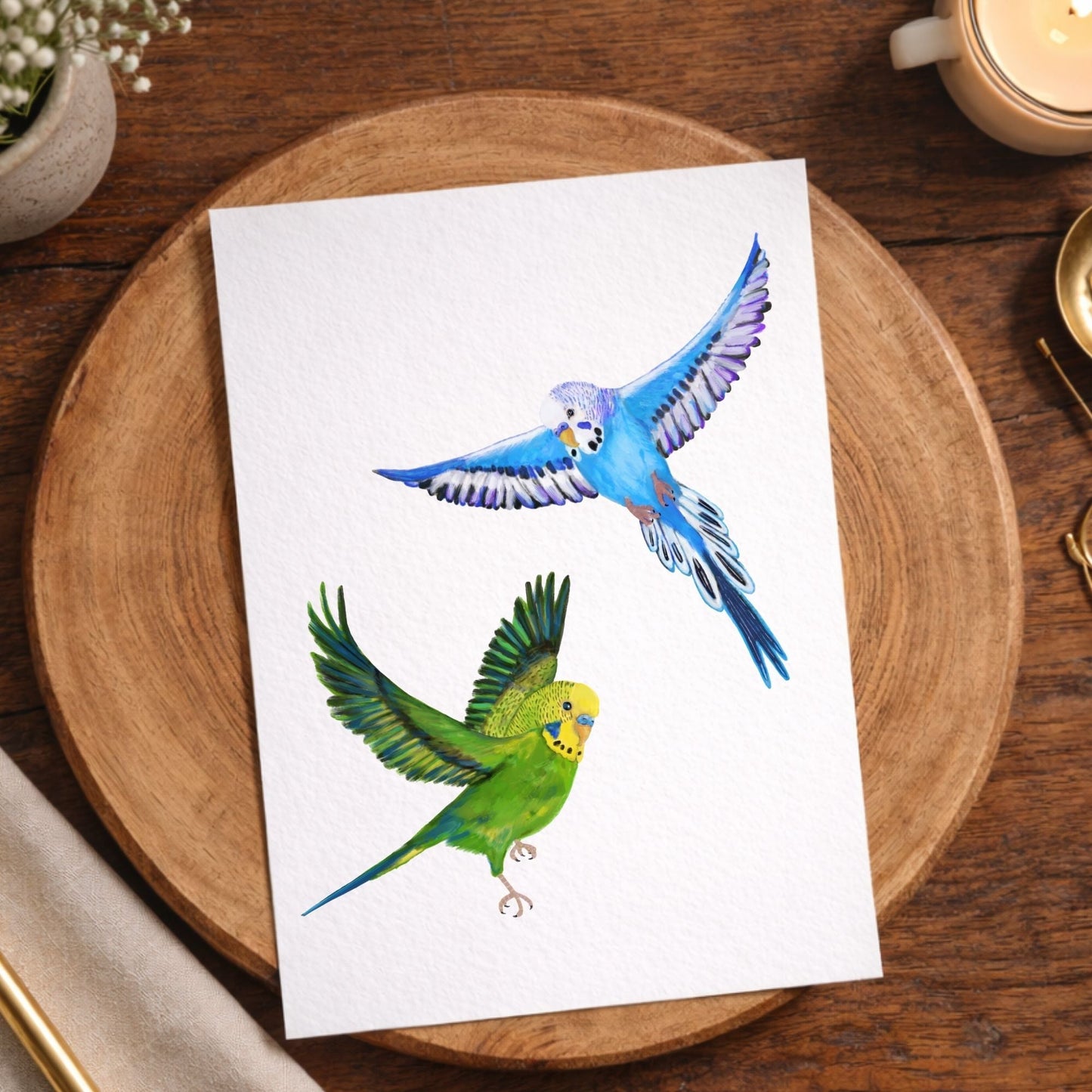 Flying Blue And Green Budgies Postcards - MerikaArt