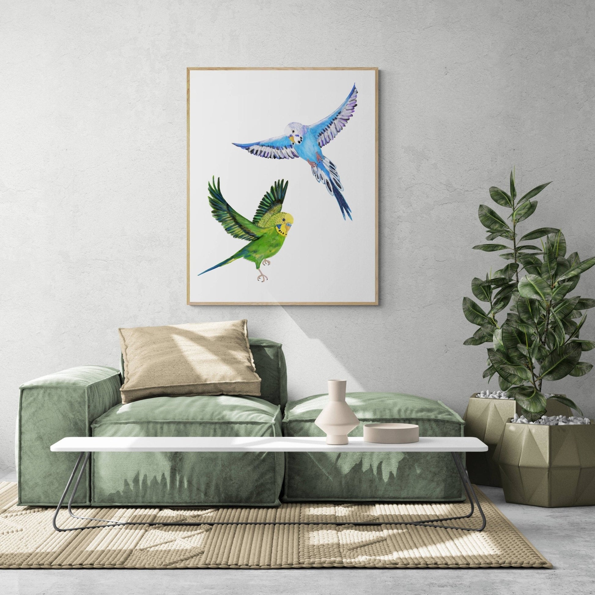 Flying Blue and Green Parakeet, Flying Budgies, Bird Memorial, Tropical Bird Art, Bird Lover Gift, Bird Wall Artwork, Bird Illustration - MerikaArt