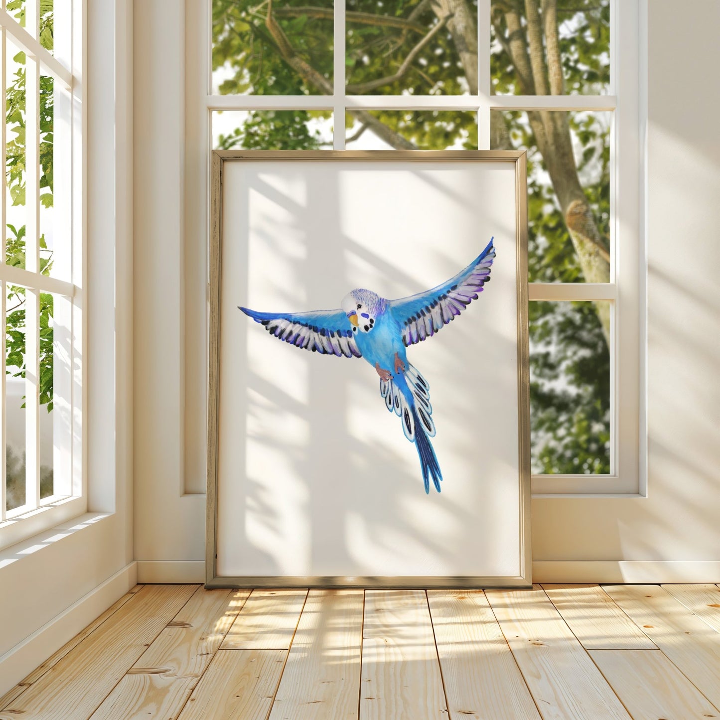 Flying Blue Budgie Art Print – Vibrant Bird Decor for Budgie Lovers - MerikaArt