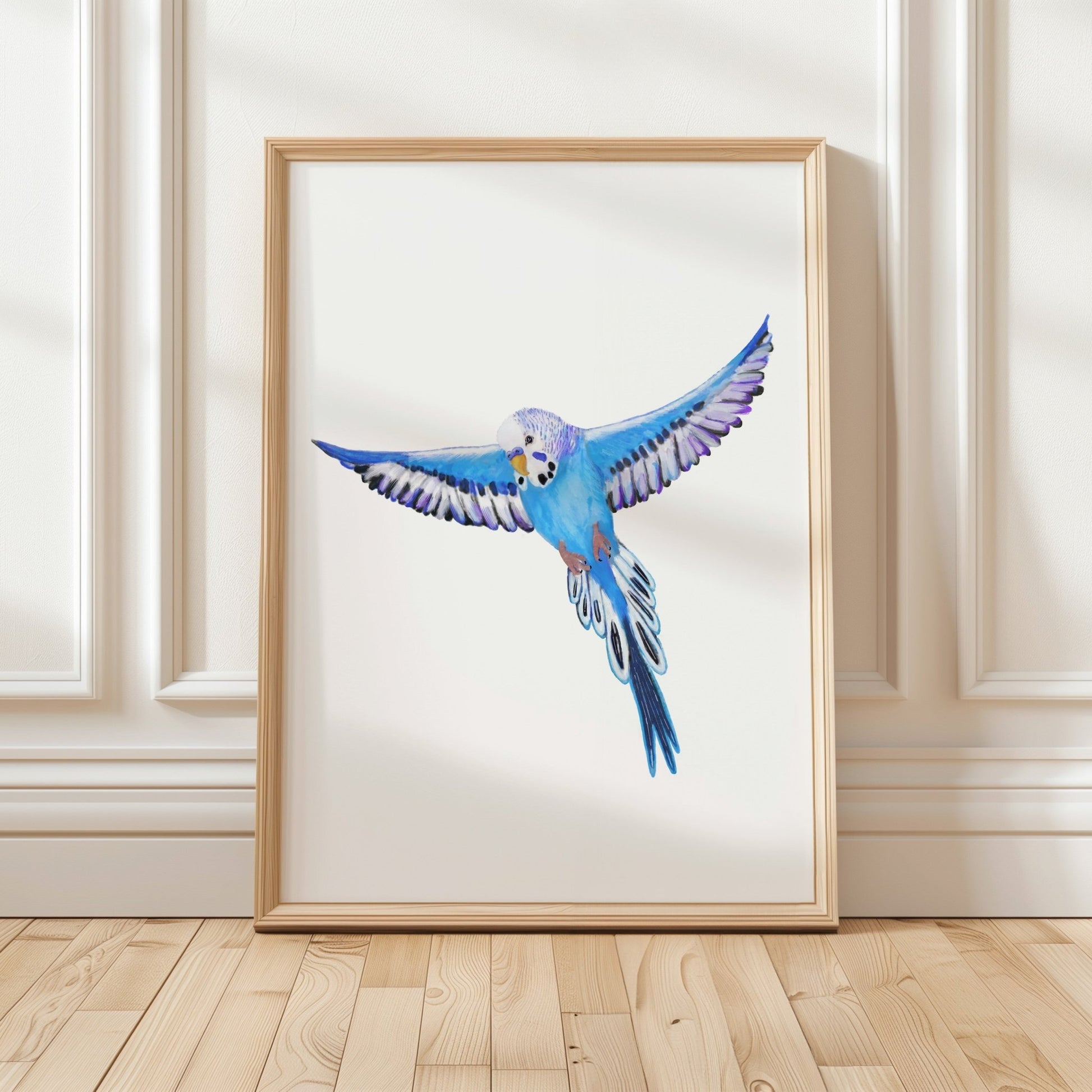 Flying Blue Budgie Art Print – Vibrant Bird Decor for Budgie Lovers - MerikaArt