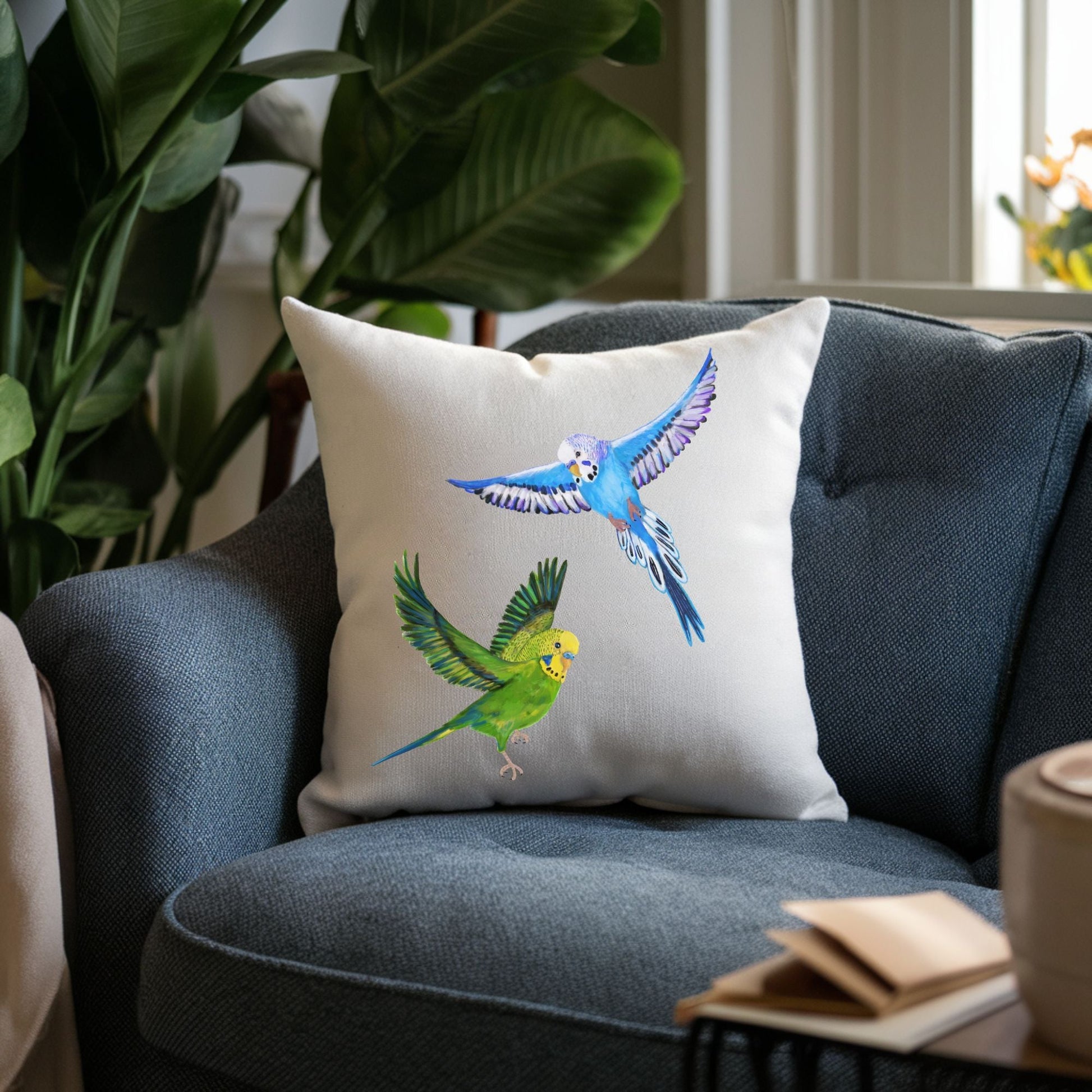 Flying Budgerigars Pillow - MerikaArt
